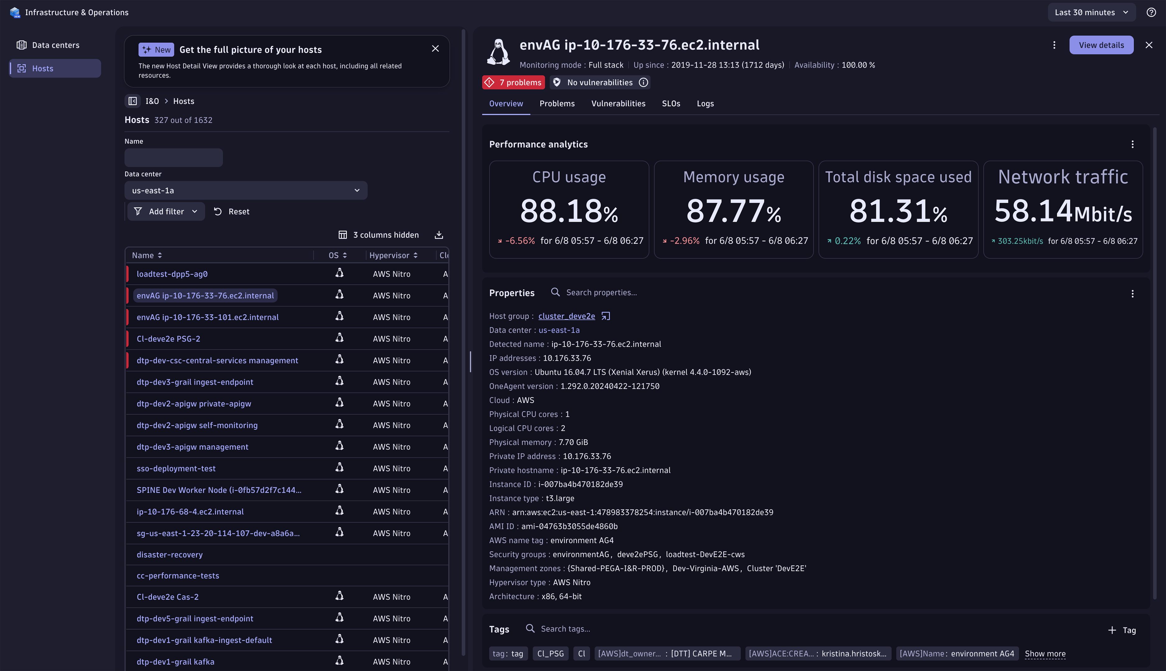 View host health overview, properties, tags, and ownership information. Drill down to all host details.