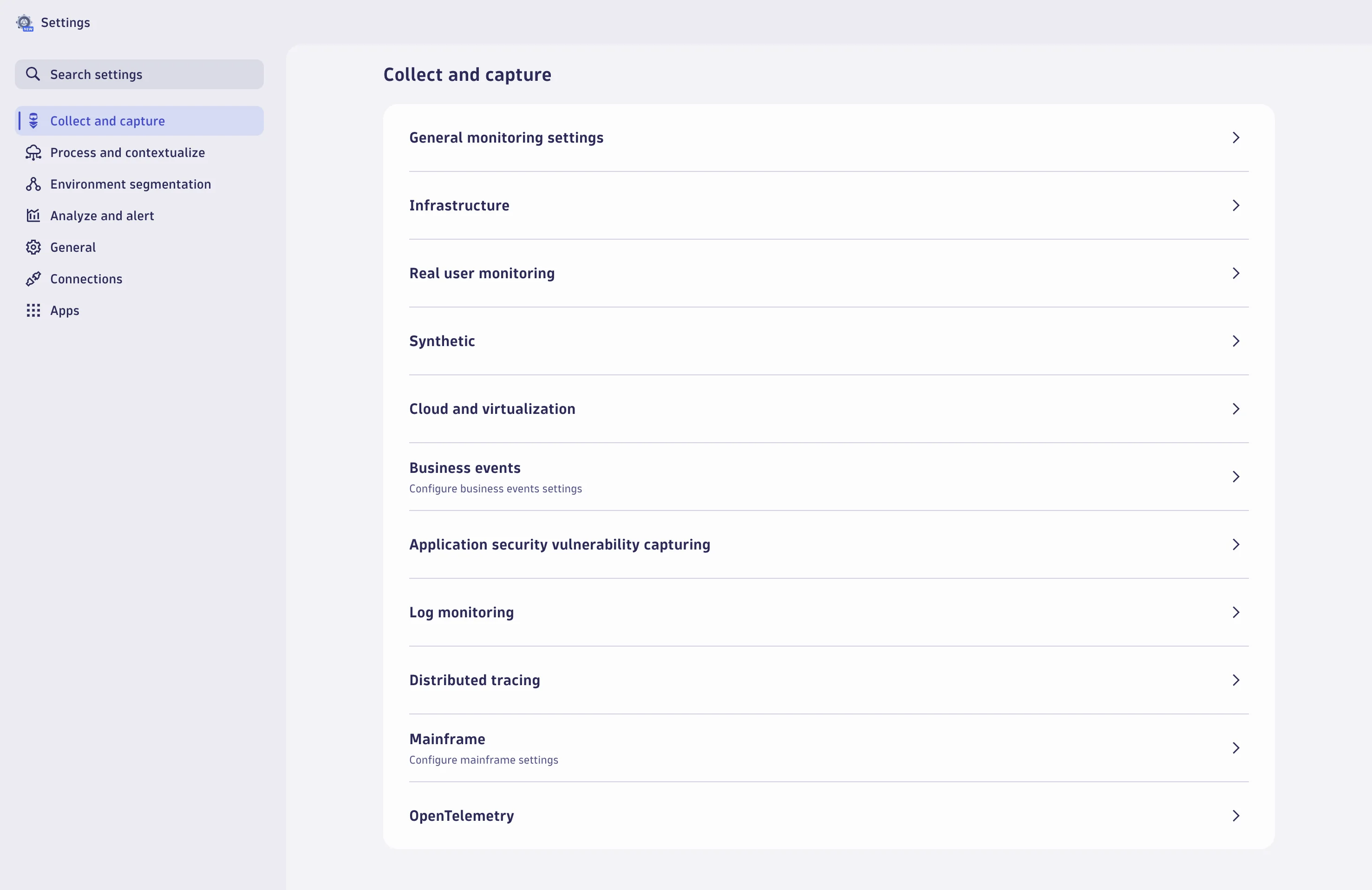 The settings app structure reflects a top-down view of the settings that control how data is gathered and processed.