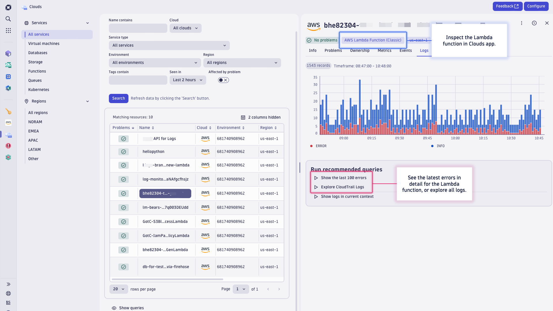 Figure 3: Logs in context - Logs component in Clouds app