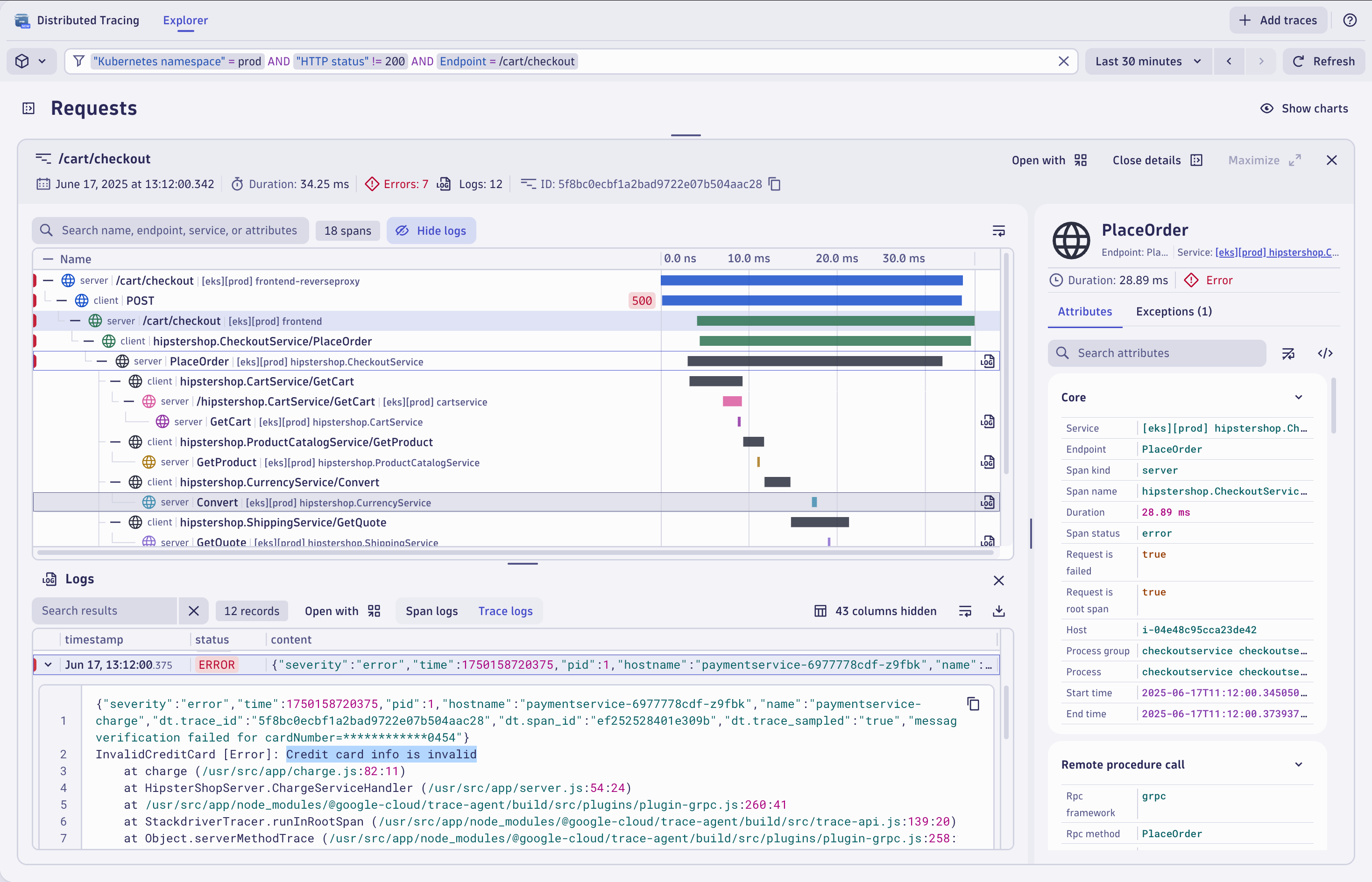Use the waterfall visualization to instantly understand what is going on along the trace. You can see what is slow and what fails, and the full story behind every trace with correlated logs.