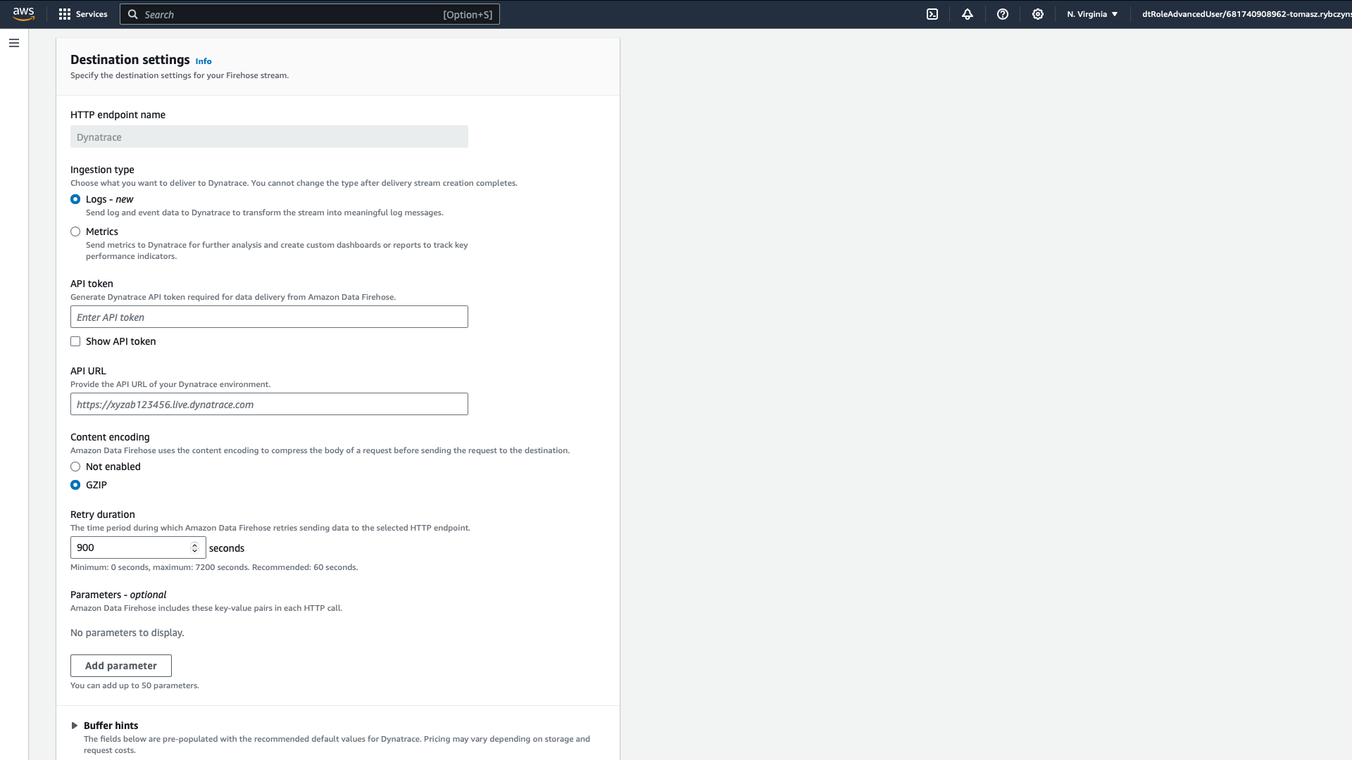 Figure 2: Create Firehose stream - Destination settings