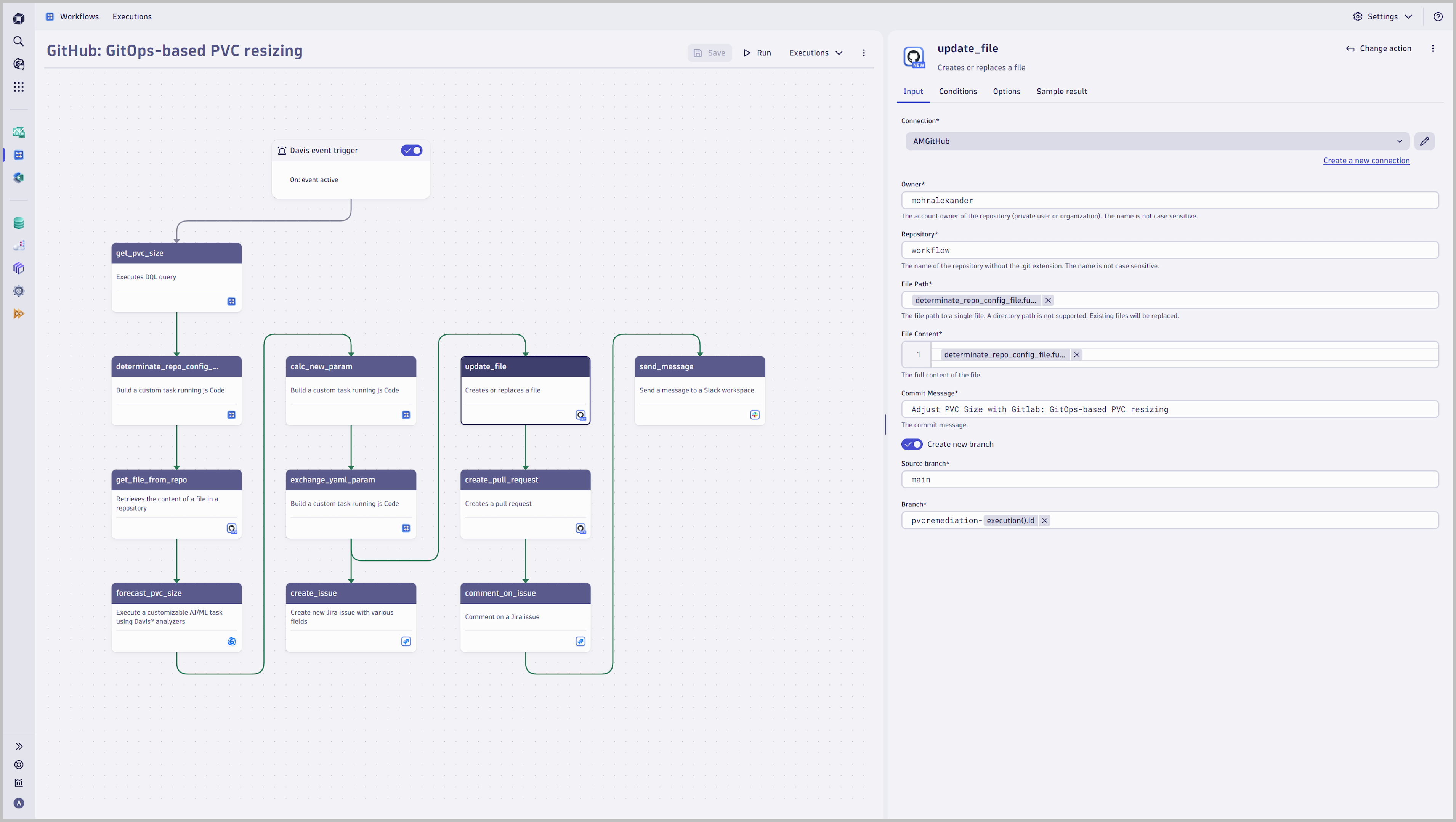 - Follow a GitOps-compliant approach and amend configuration files in the underlying state repository 
- Retrieve files from a GitHub repository
- Use David Analyzer to predict the required PVC size
- Update a configuration file and create a pull request