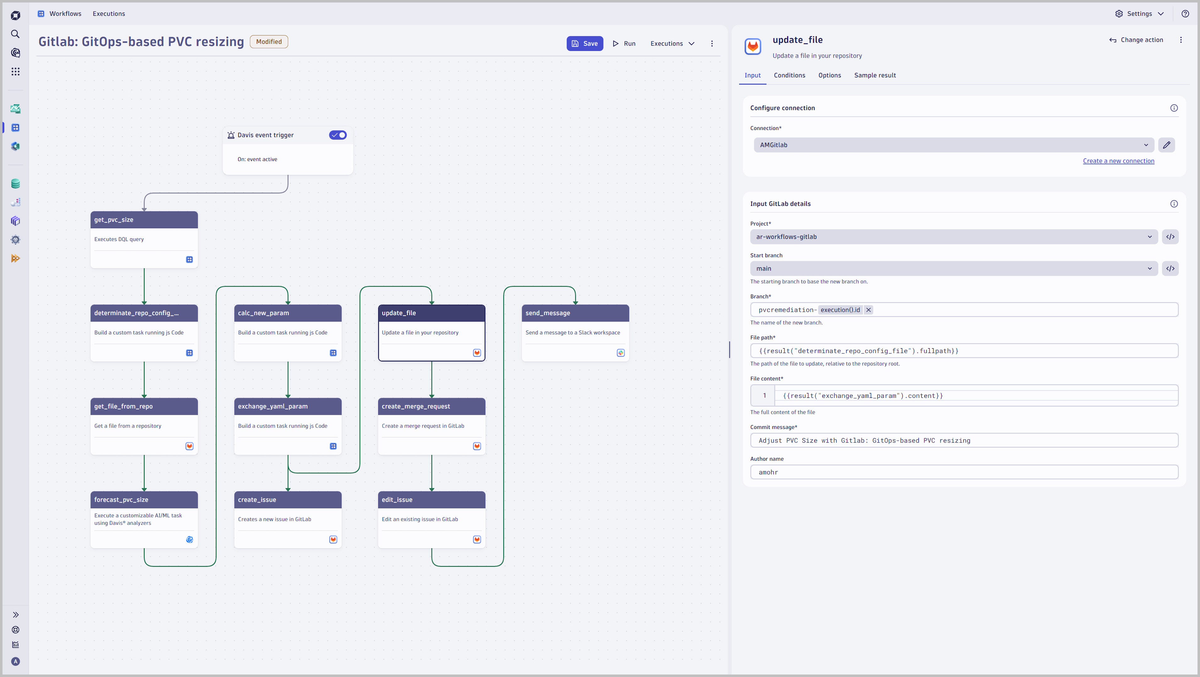 - Follow a GitOps-compliant approach and amend configuration files in the underlying state repository 
- Retrieve files from a GitLab repository
- Use David Analyzer to predict the required PVC size
- Create and update issues in GitLab according to the remediation progress
- Update file and create merge request