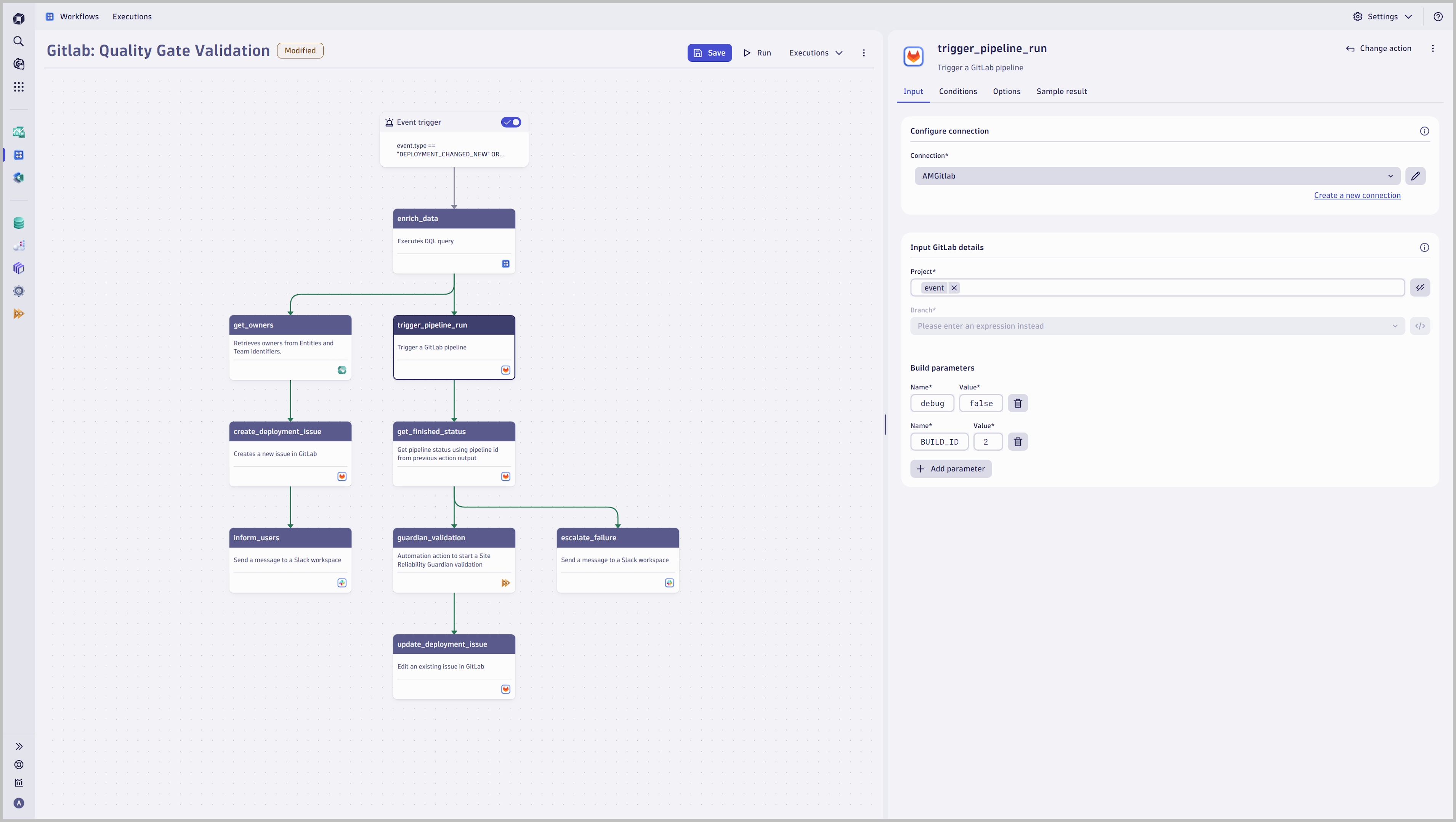 - Trigger pipeline runs in a GitLab by defining project, branch, and build parameters 
- Create or update issues in GitLab
- Query status of pipeline runs
- Combine GitLab workflow actions with notifications or quality gate validations