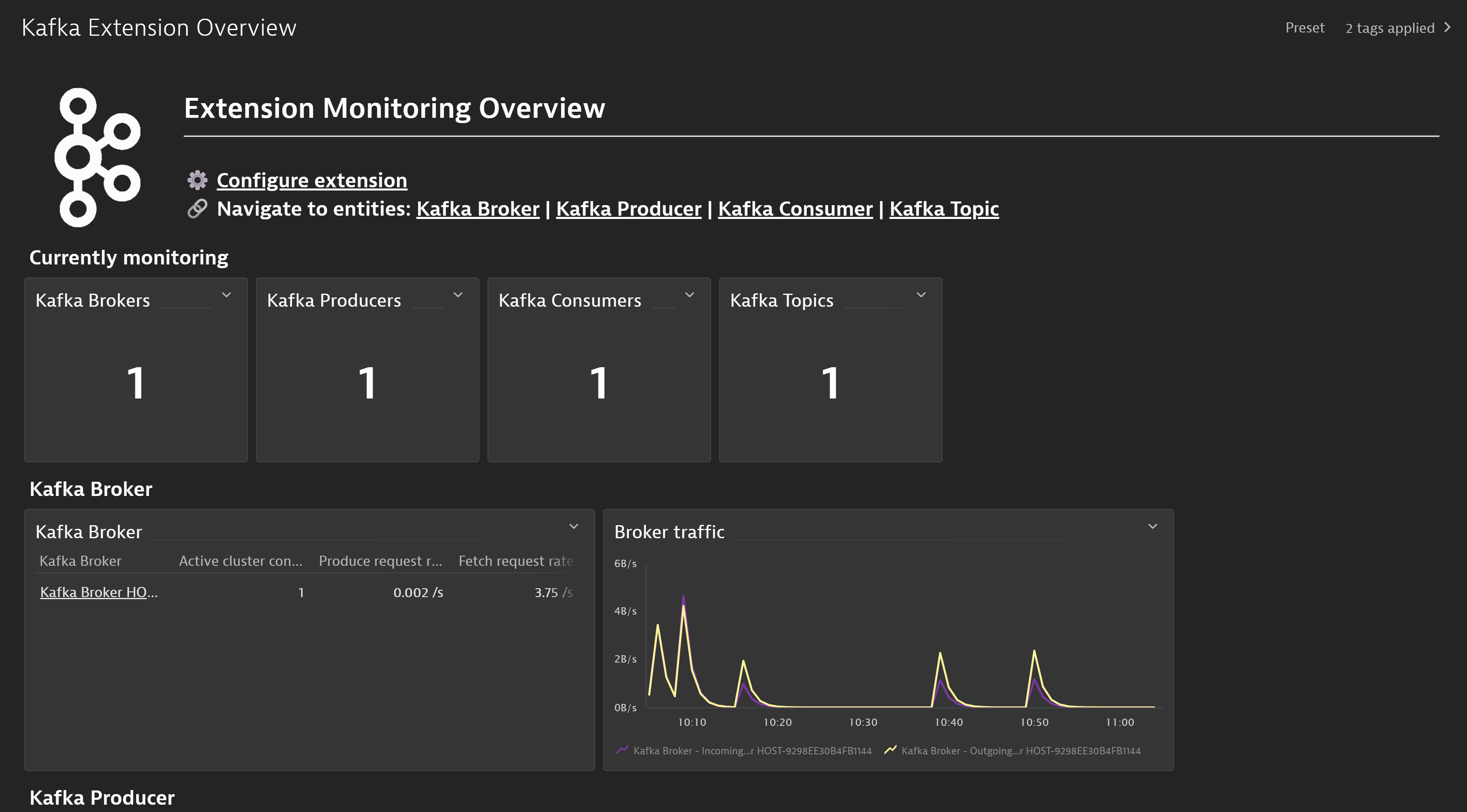 Easily navigate your Kafka environment and its most important metrics with the out of the box dashboard, included with the activation of the extension.