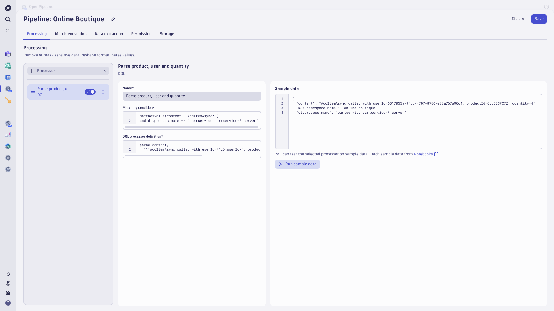 Log record processing: parsing fields from log data