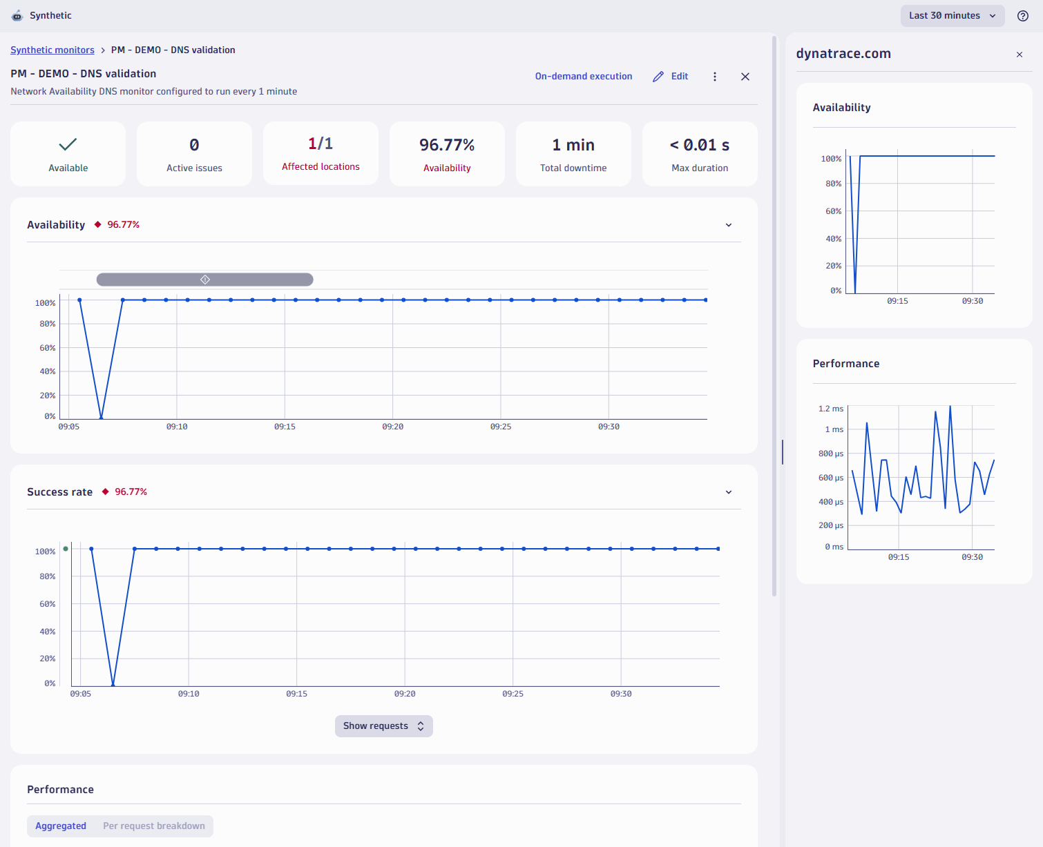 Detailed screen showing results of execution of selected NAM test, with focus on reported availability and performance. Details available on level of whole monitor as well as single request