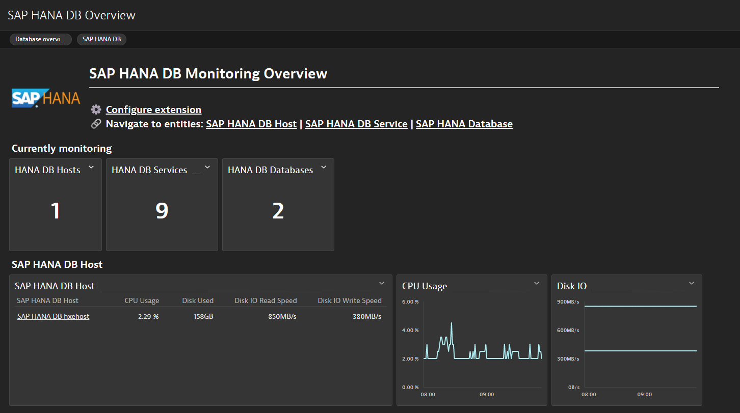 View everything in one place via the SAP HANA DB Overview dashboard.