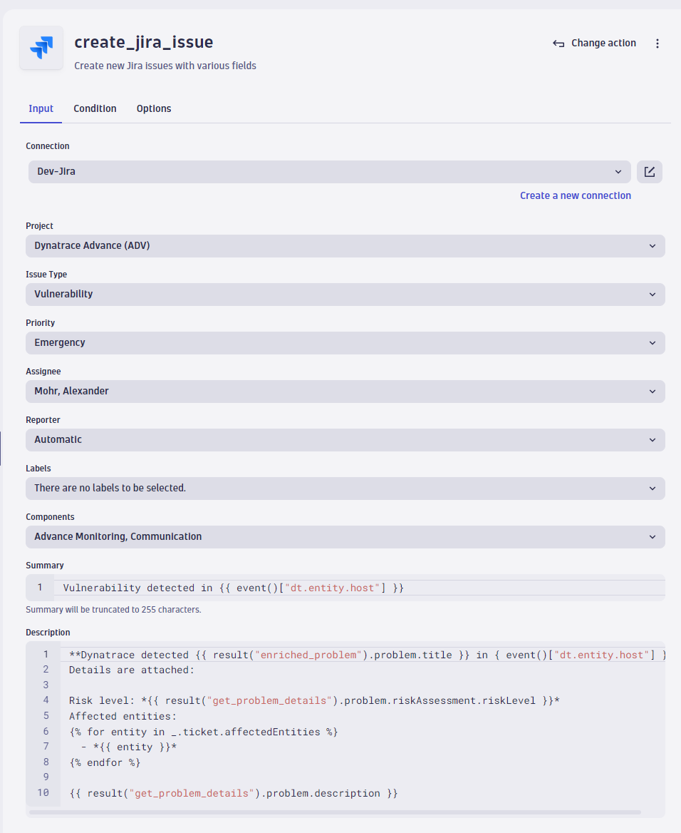 Create a Jira ticket and populate the project, issue type, priority, assignee, labels, components, summary, and description.