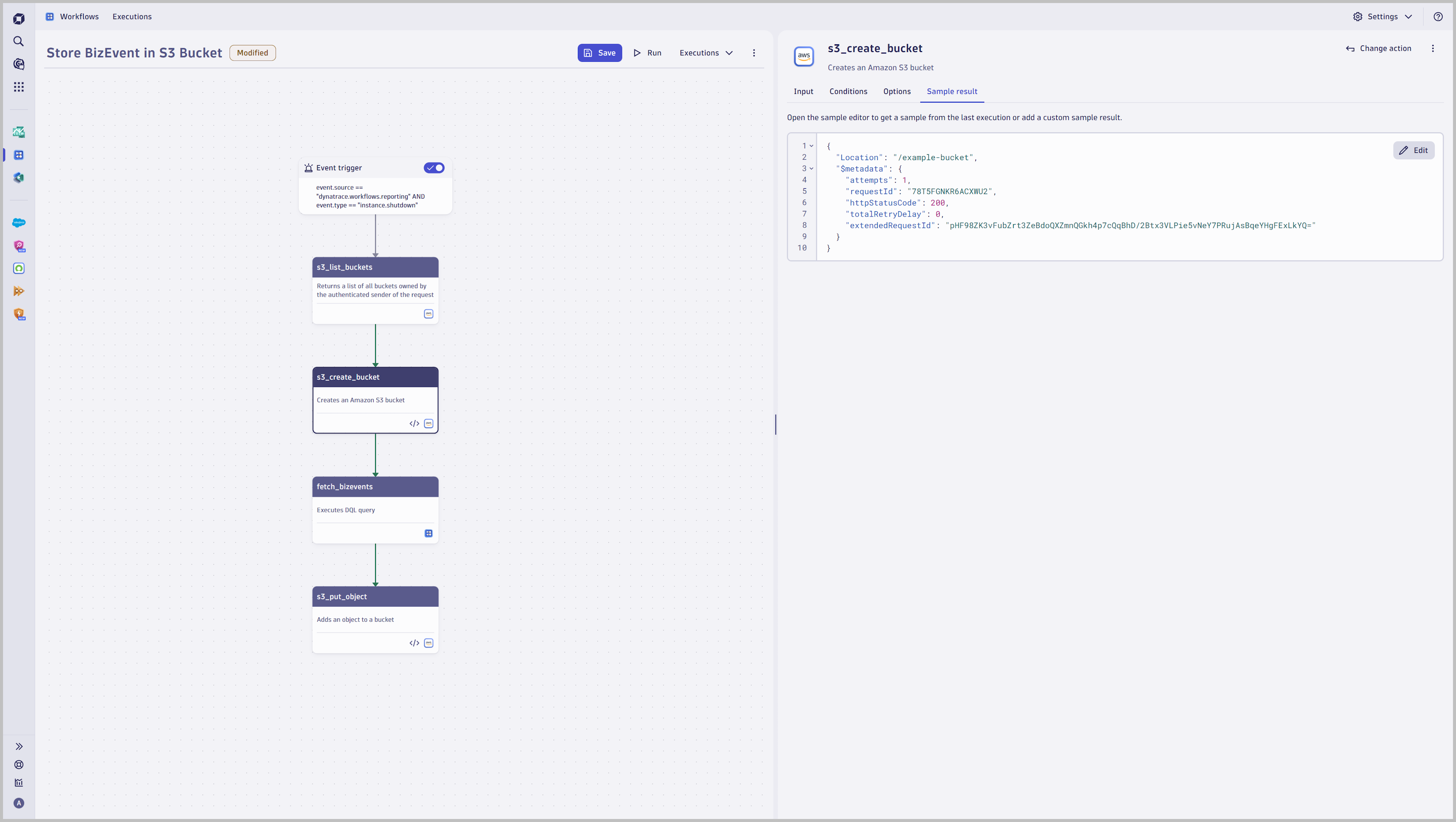 Example workflow to store Dynatrace BizEvents in S3 buckets.