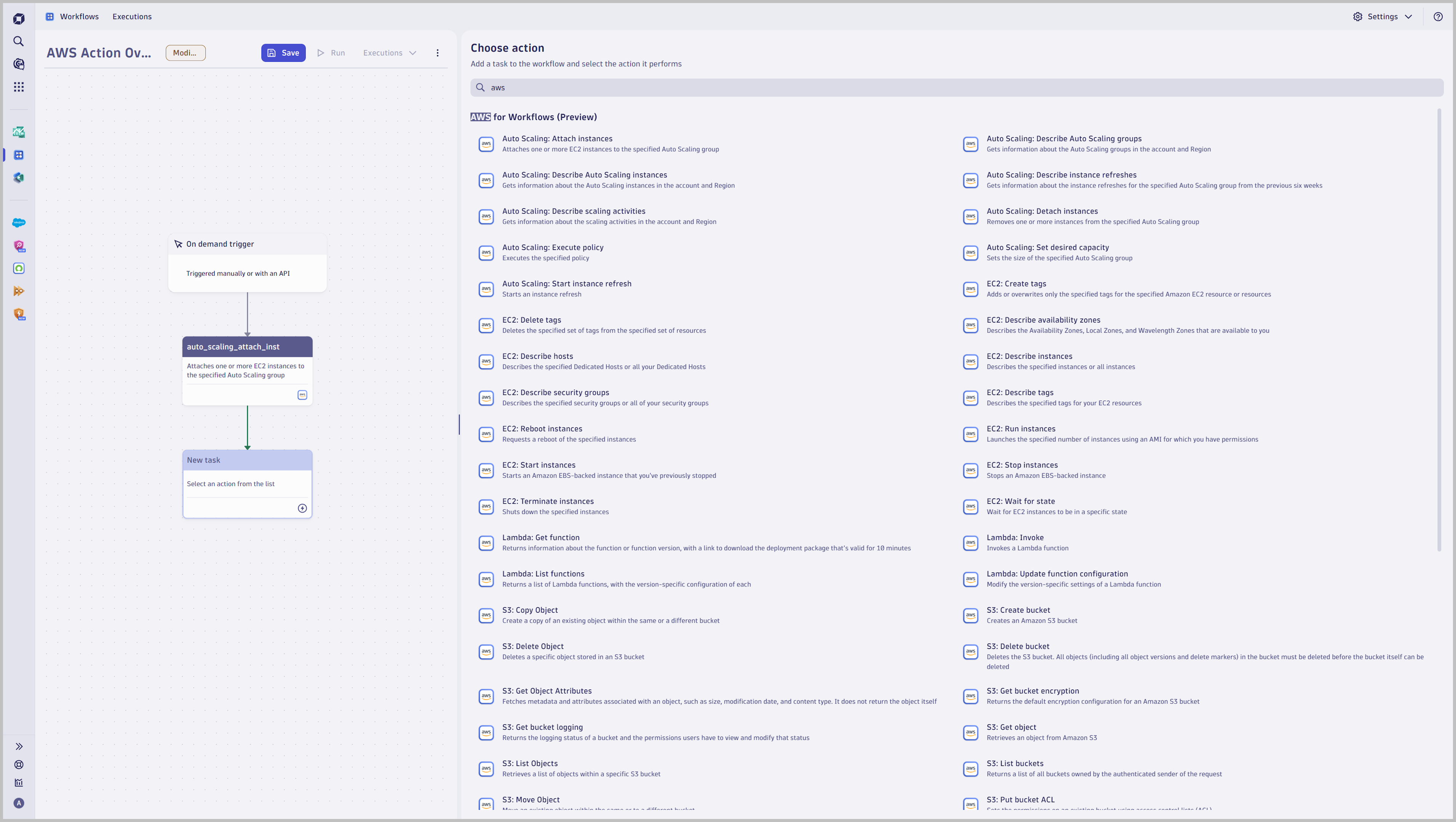 Excerpt of AWS actions, which allows you to manage tags, adjust Auto Scaling Groups based on Dynatrace insights and predictive analytics, ingest logs to S3, and more.