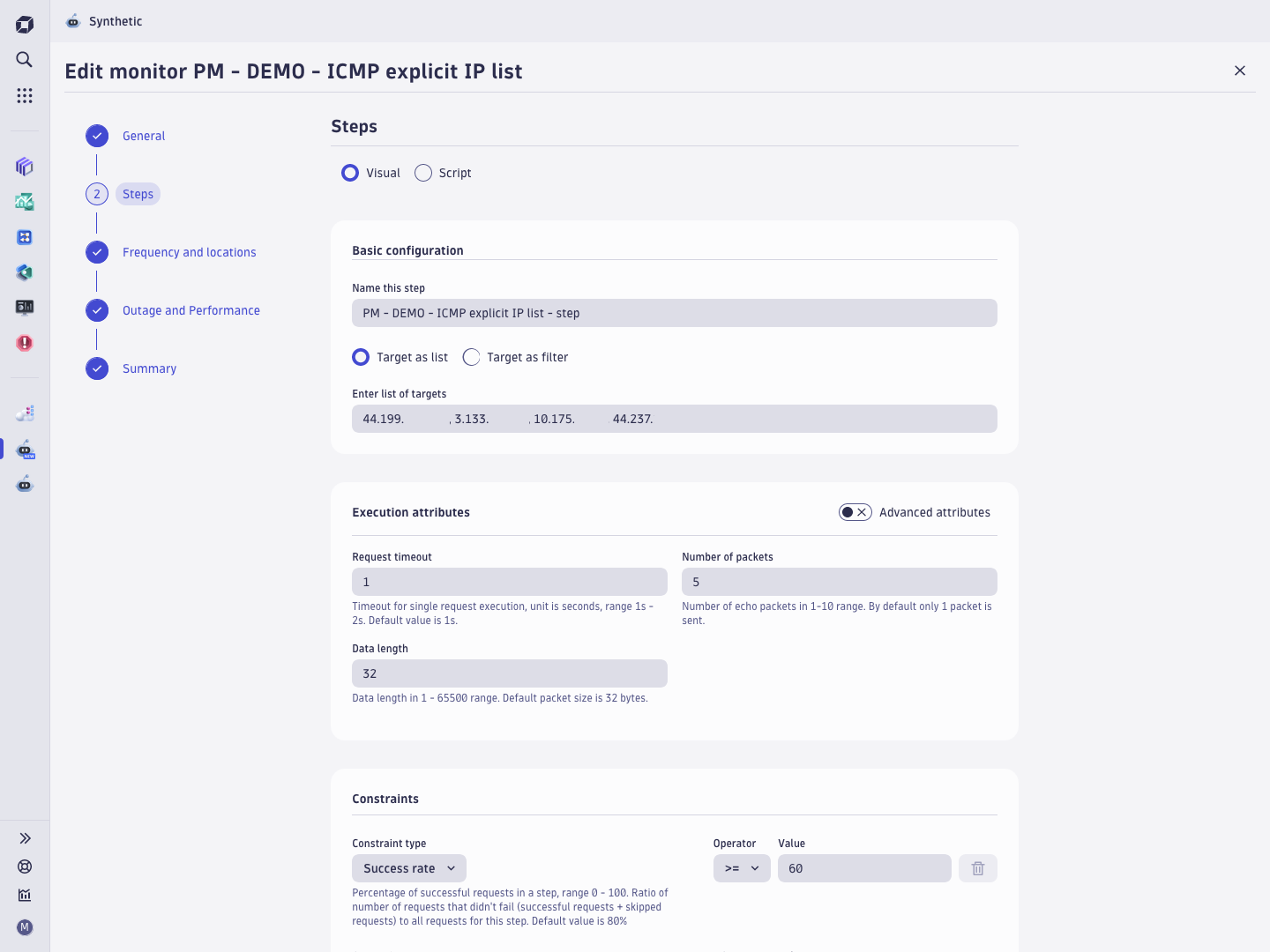 Configuration screen for NAM monitor allowing to define scope which is supposed to be covered with NAM and detailed configuration of test including frequency, locations, conditions for considering tests execution as successful, rules for problem triggering etc.