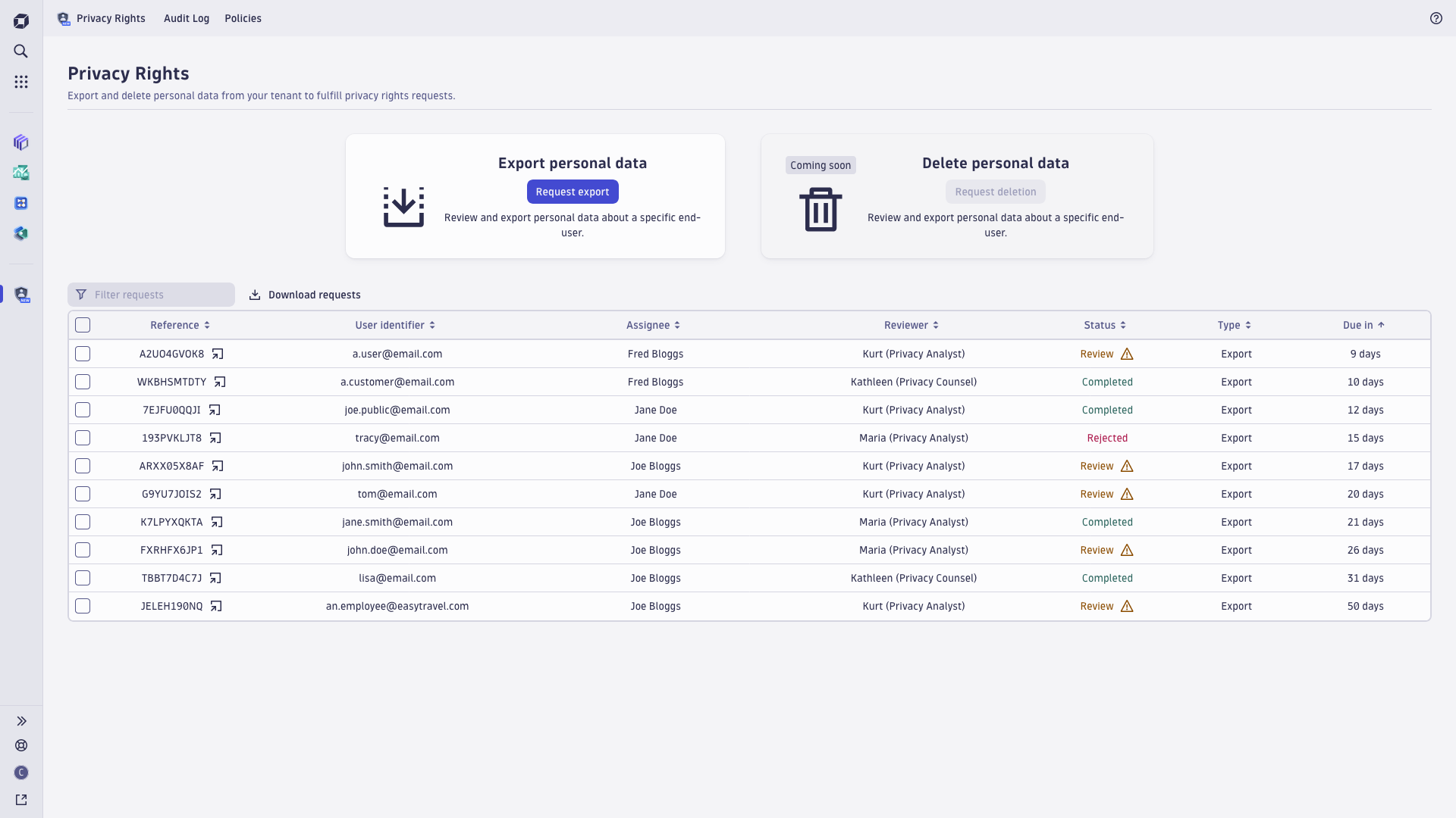 Create a request to review and export personal data about a specific end-user. The overview includes details of all requests, including the relevant user identifier, assignees and reviewers, the current status of each request, as well as the defined due date. Audit logs and request policies can be accessed and managed from this page.