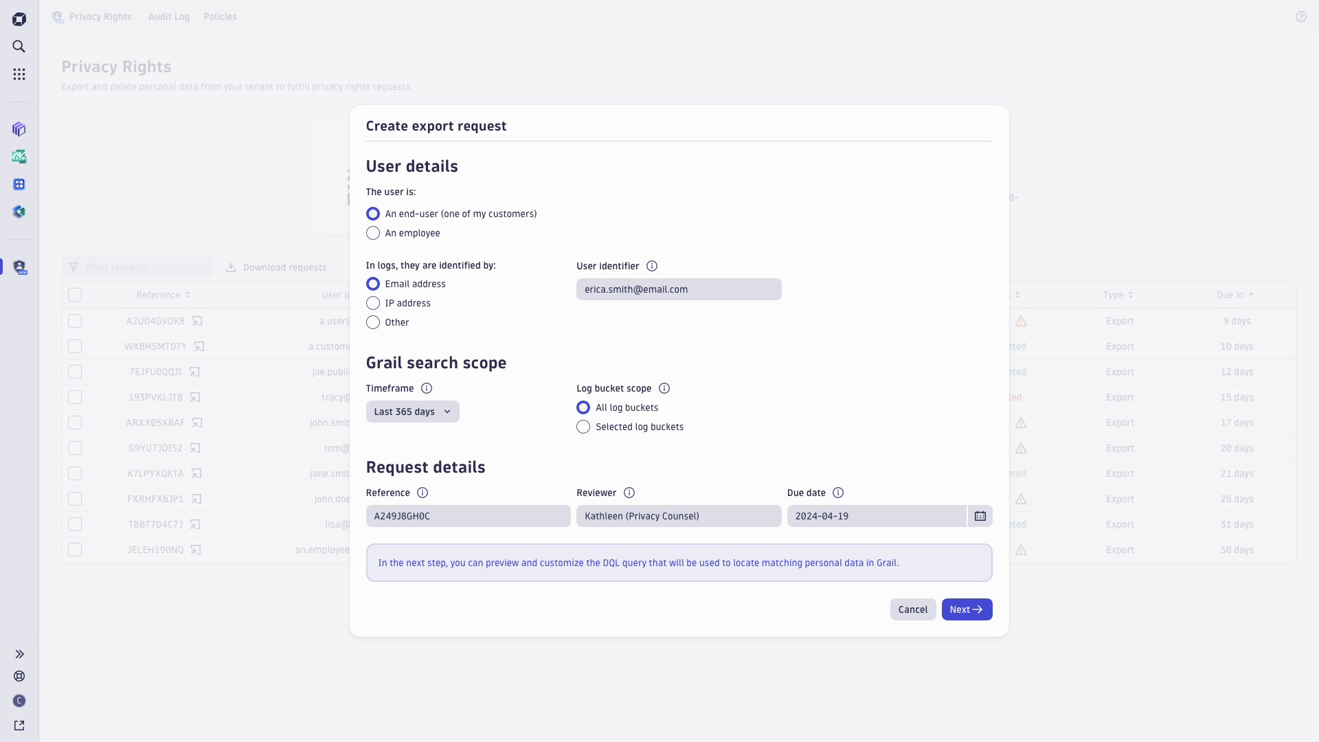 In the export request form, you specify the user details such as user type, a user identifier to search for matching data in Grail, and the scope of the search in Grail (the timeframe and log buckets).