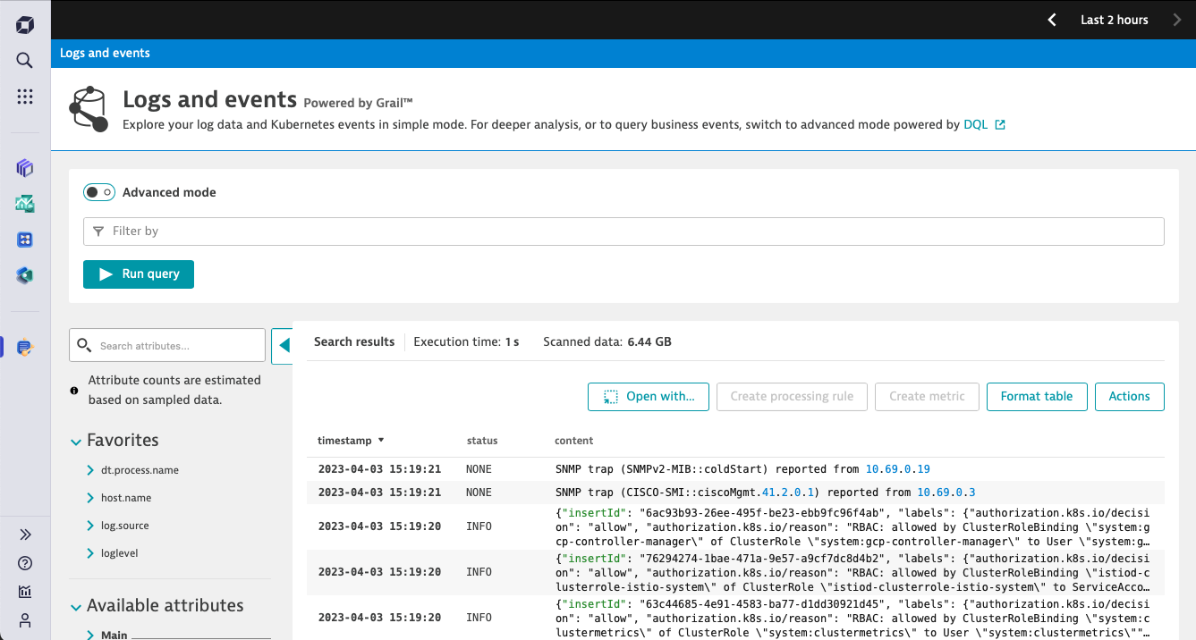 Browse logs and events in simple mode or run custom queries in advanced mode.