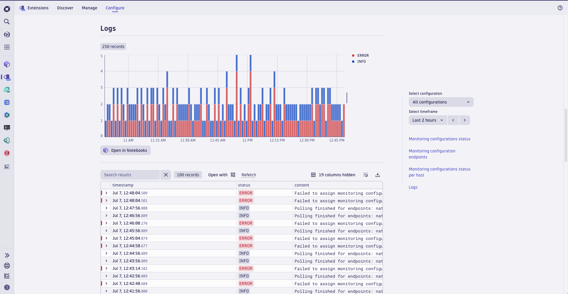 Explore the logs related to the health of each extension.