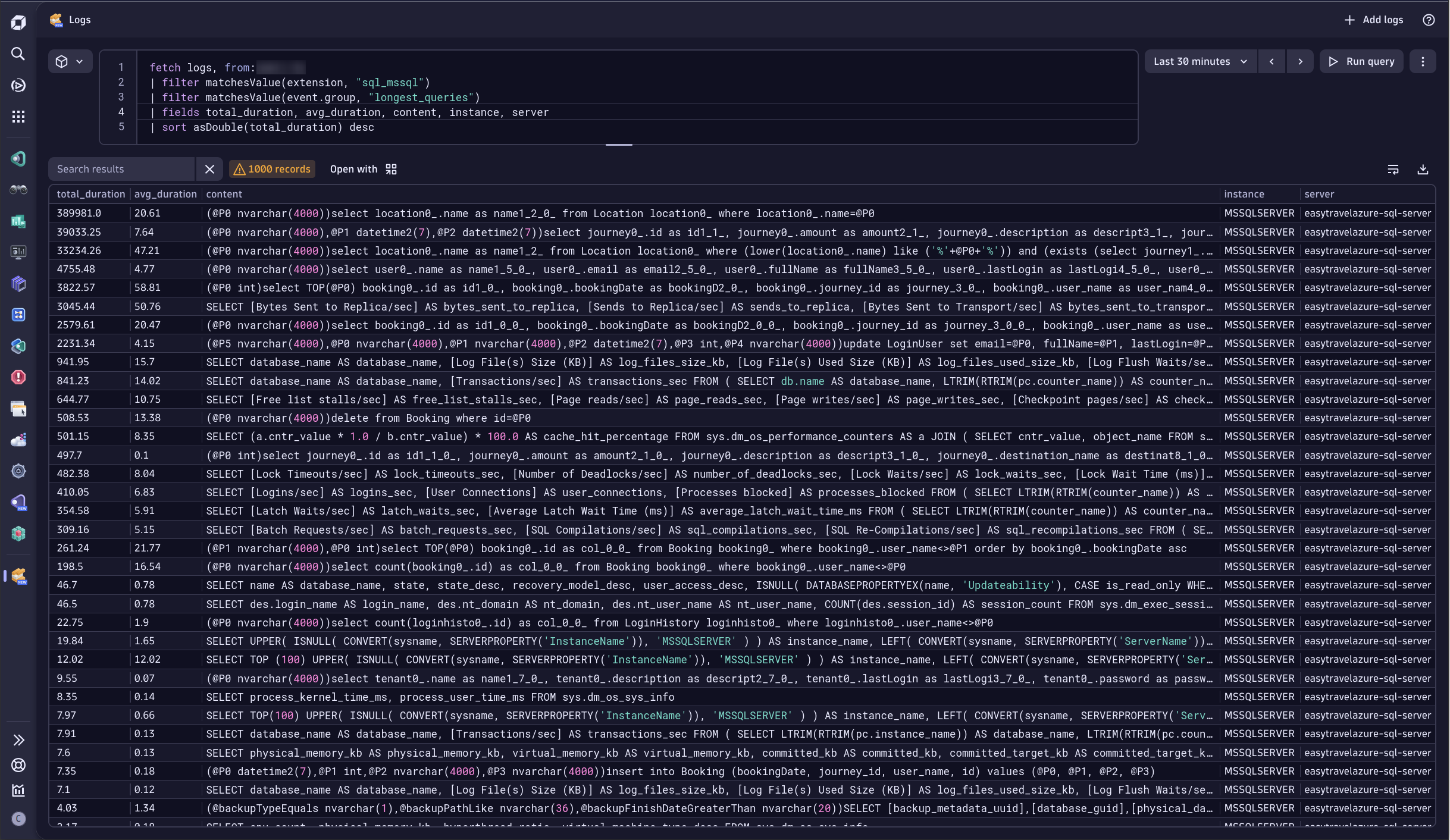 See the longest running queries in your SQL Server environment via logs ingested by the extension.