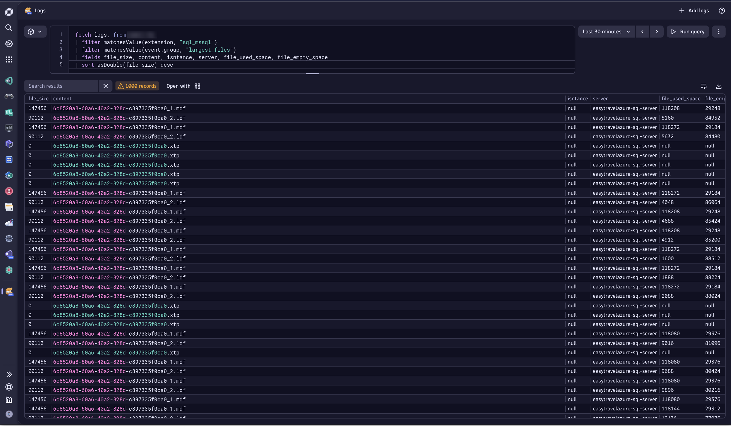 See the largest files in your SQL Server Environment via logs ingested by the extension.