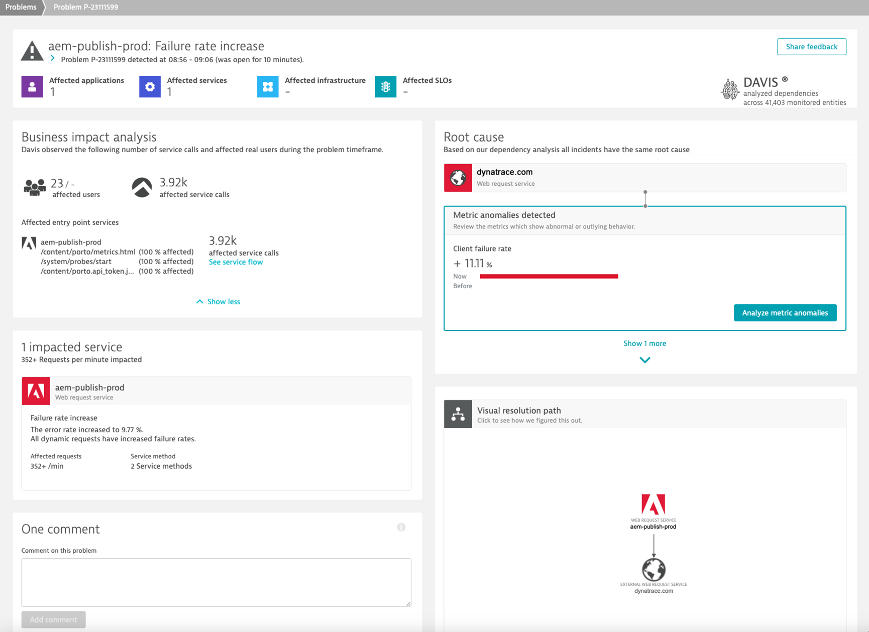 Davis AI assesses the business impact of AEM service anomalies