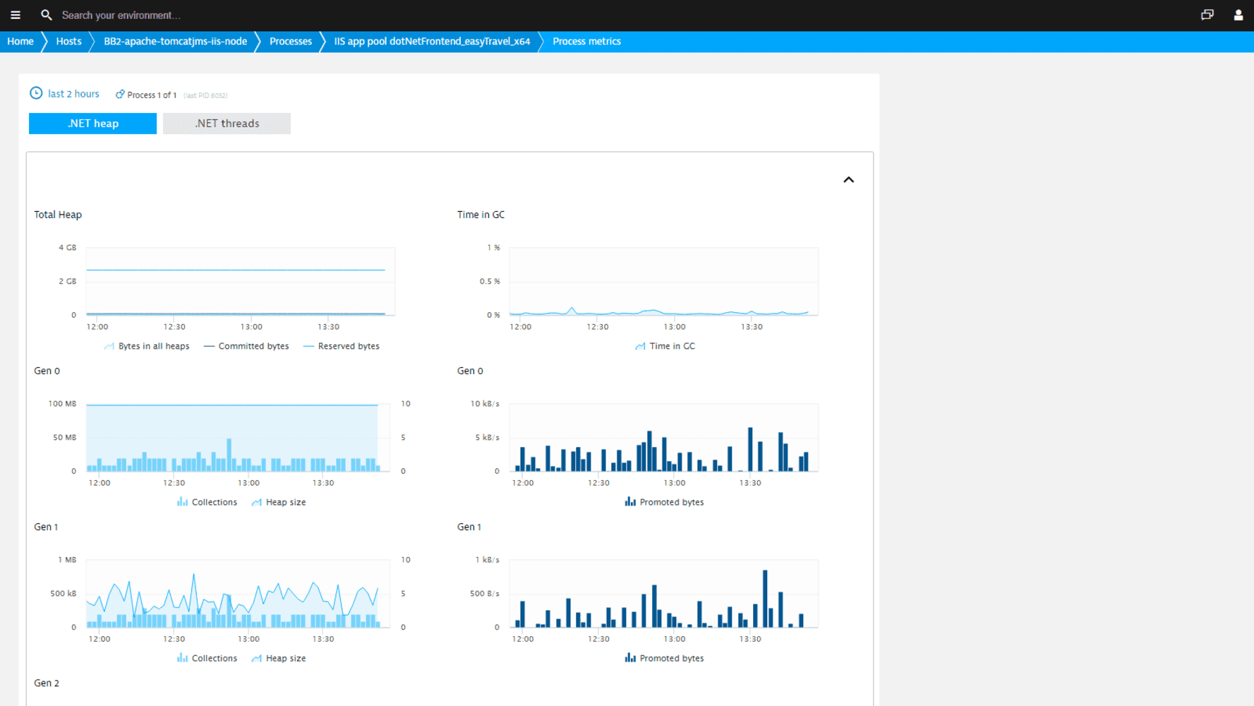 Dynatrace provides additional .NET metrics, including suspension, .NET threads, .NET heap, total heap, time in garbage collection, and detailed metrics for Generation 0, 1, and 2 collections and heap sizes. Just select the .NET threads and .NET heap tabs on any IIS application pool or .NET process page to view these metrics and gain deeper insights into your application’s performance.