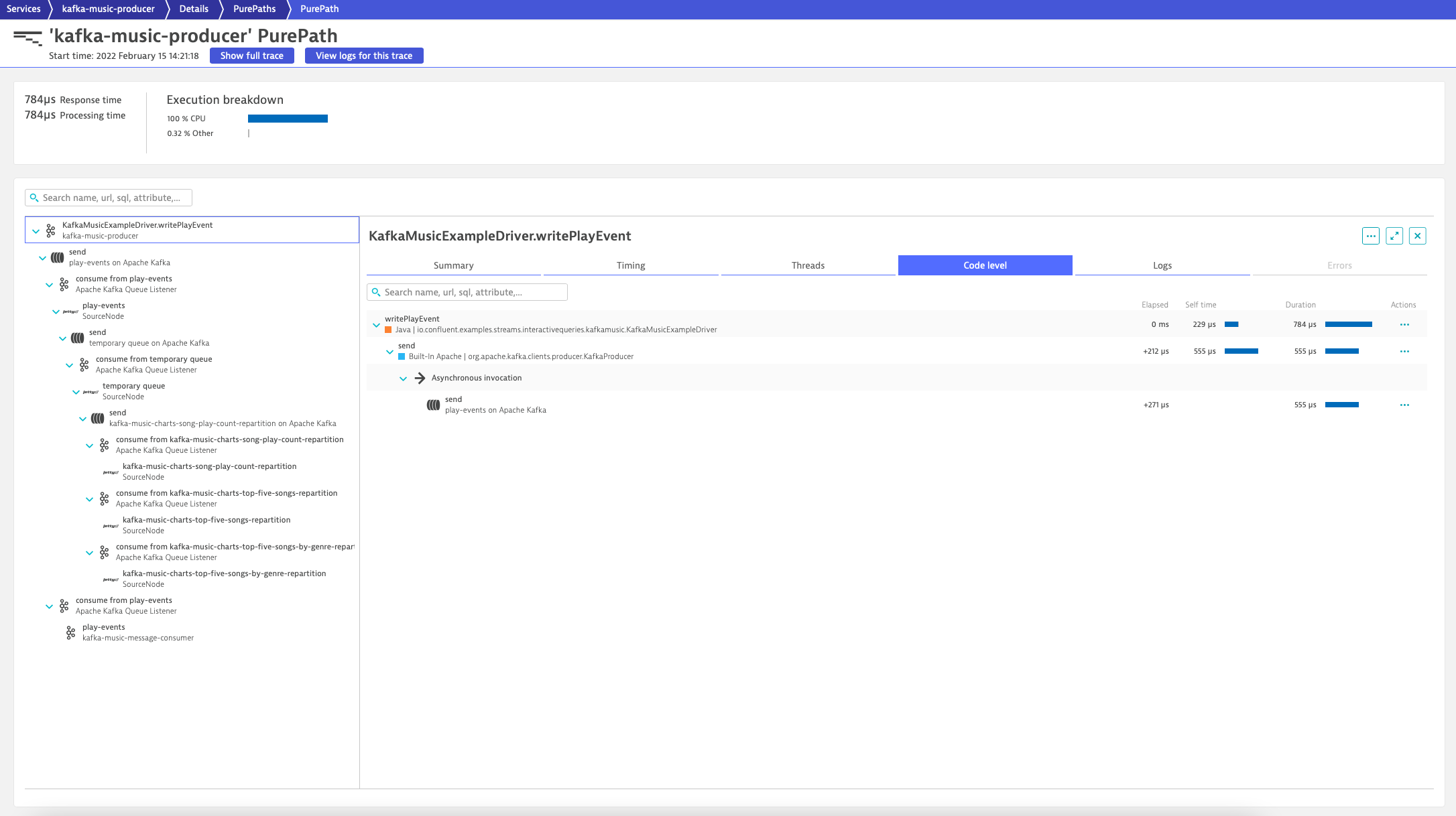 The OneAgent can monitor end-to-end traces that connect producer and consumer services, monitor the performance of topics and queues, and more.
