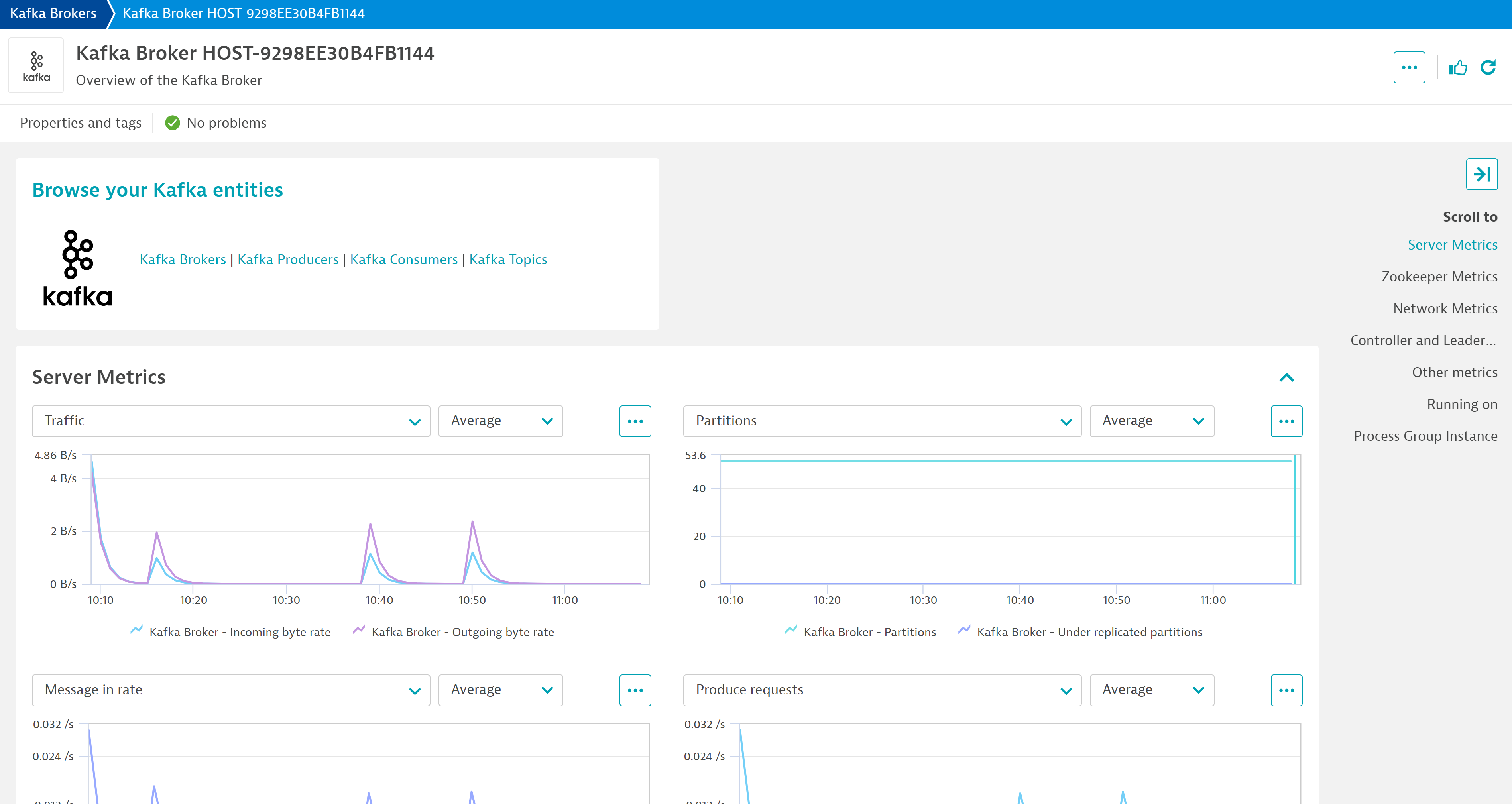 Dedicated screen for your Kafka broker with all its metrics, along with a navigation card for the rest of your Kafka environment.