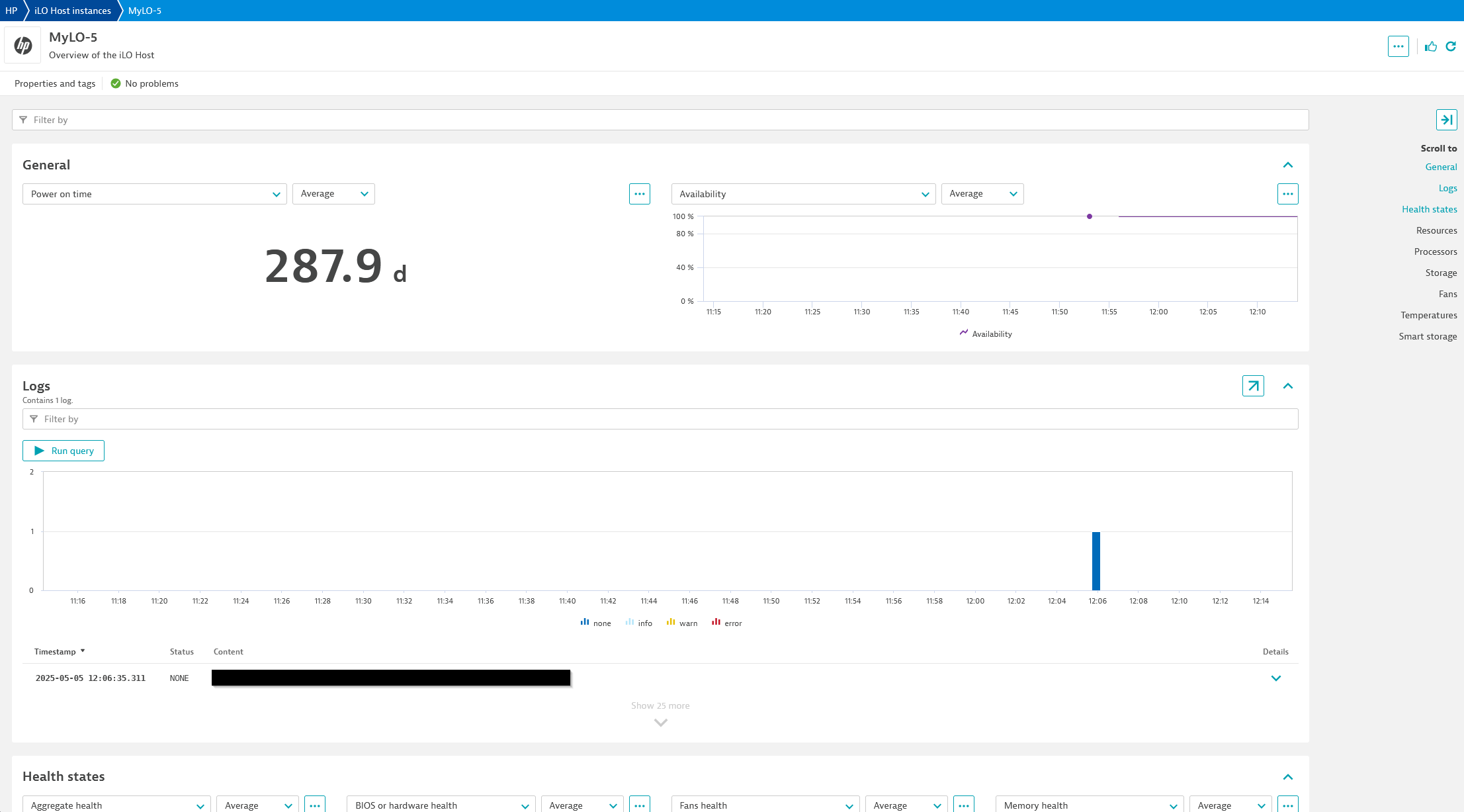 First set of metrics on the iLO entity. Shows a log record.