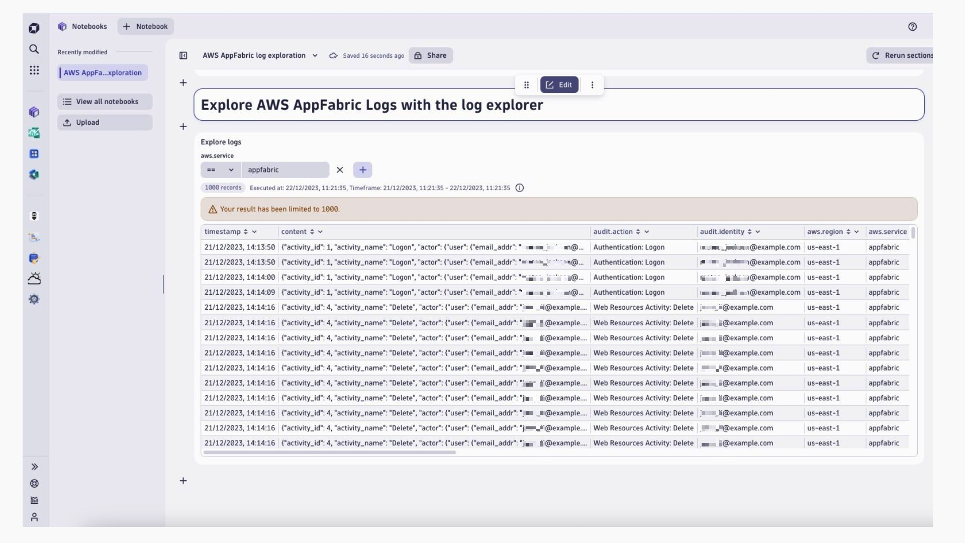 Figure 1: Dynatrace Notebooks filtered to AWS AppFabric