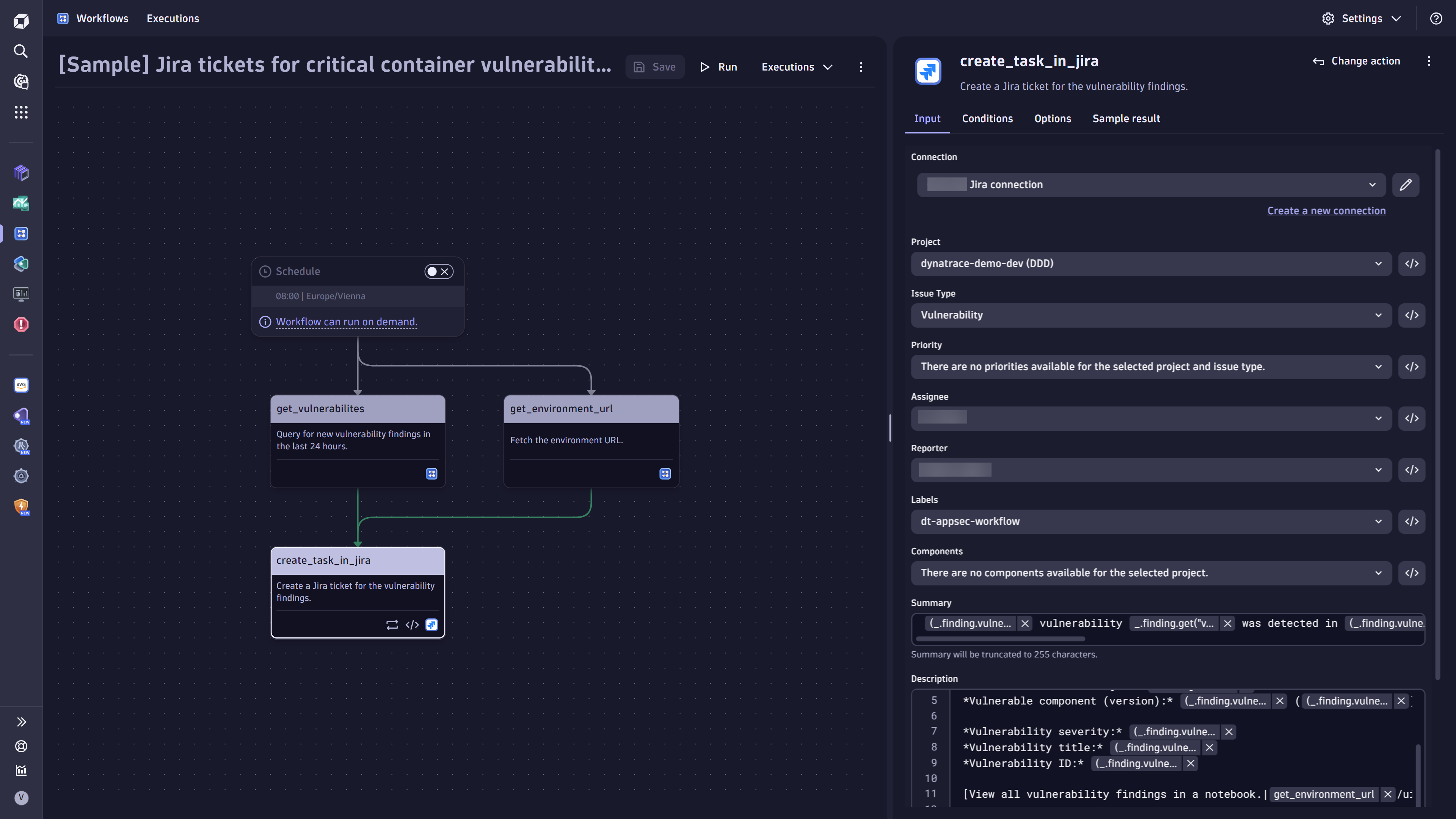 Sample workflow for an automated Jira ticket creation for critical vulnerability findings.