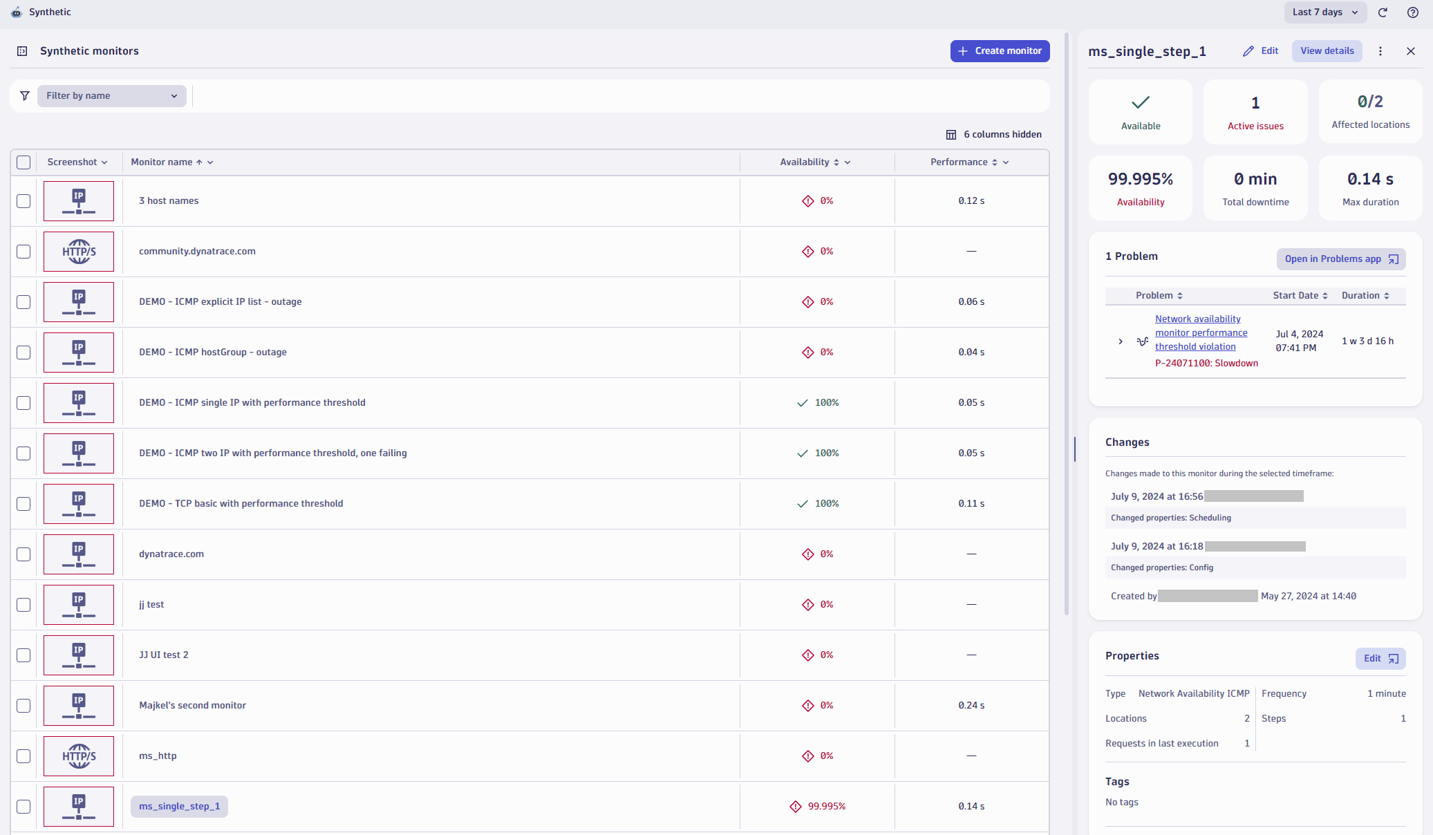 This is a list of synthetic monitors with powerful filtering mechanisms that allow you to narrow down the content to needed tests. The list contains basic metrics and a 'preview' panel, which allows you to familiarize yourself with important information describing monitor configuration and the results of recent executions.