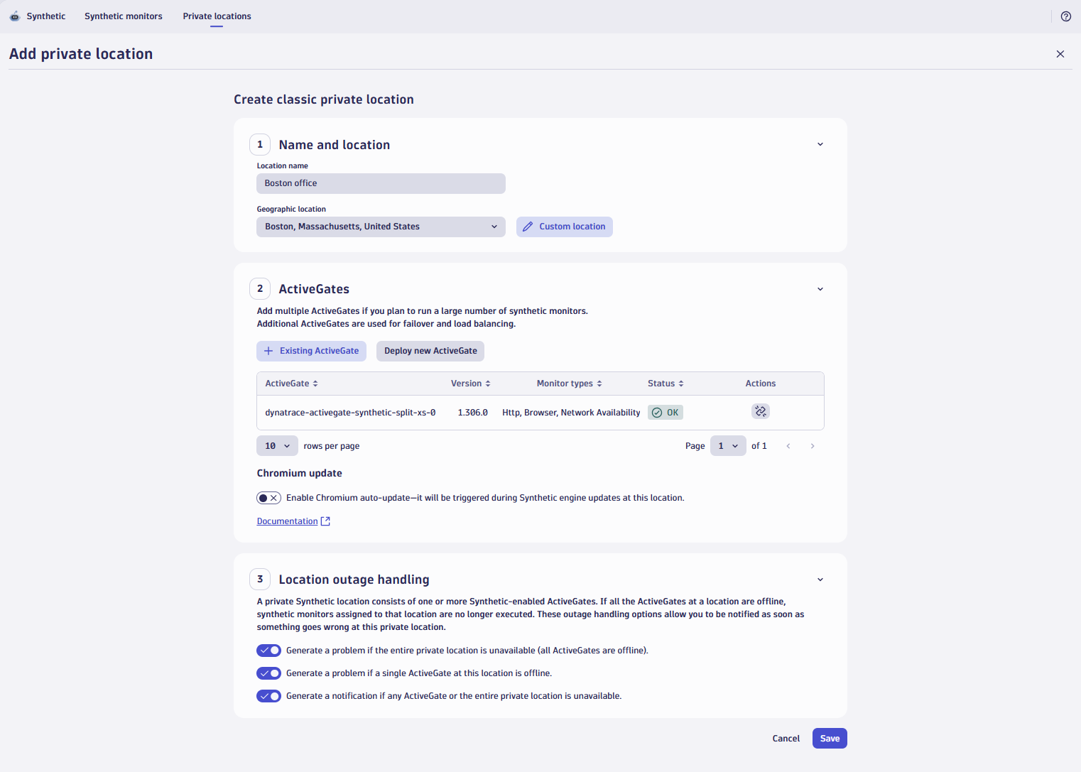 Define the configuration details of this private synthetic location, including its geographical position, assigned ActiveGates, rules for generating problems, etc.