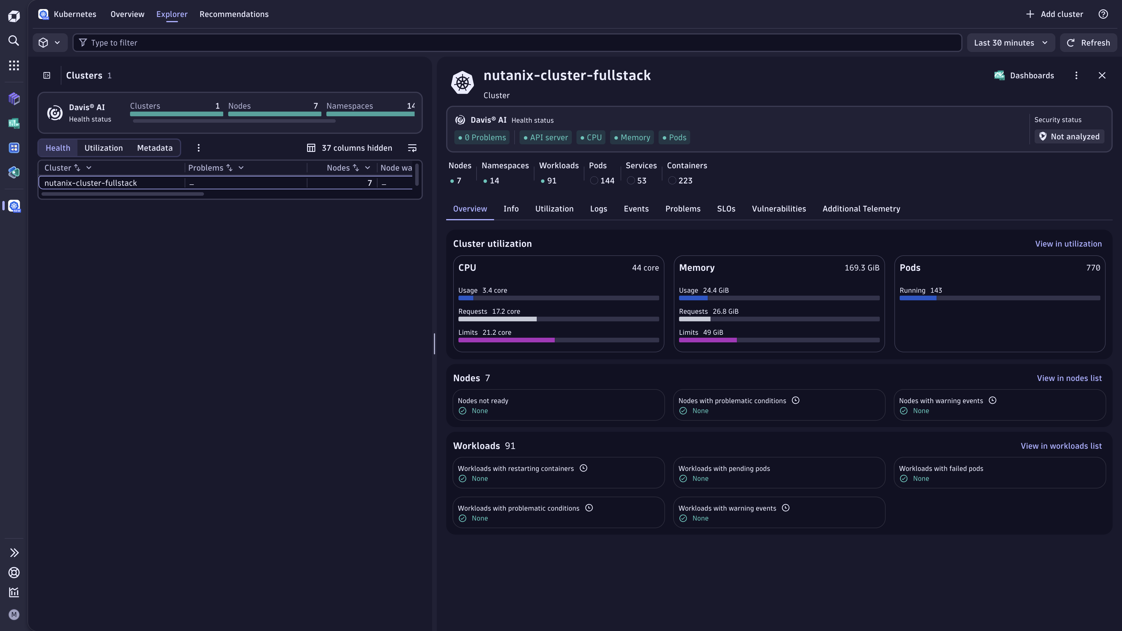 Overview of Nutanix Kubernetes Platform (NKP) in Dynatrace Kubernetes app.