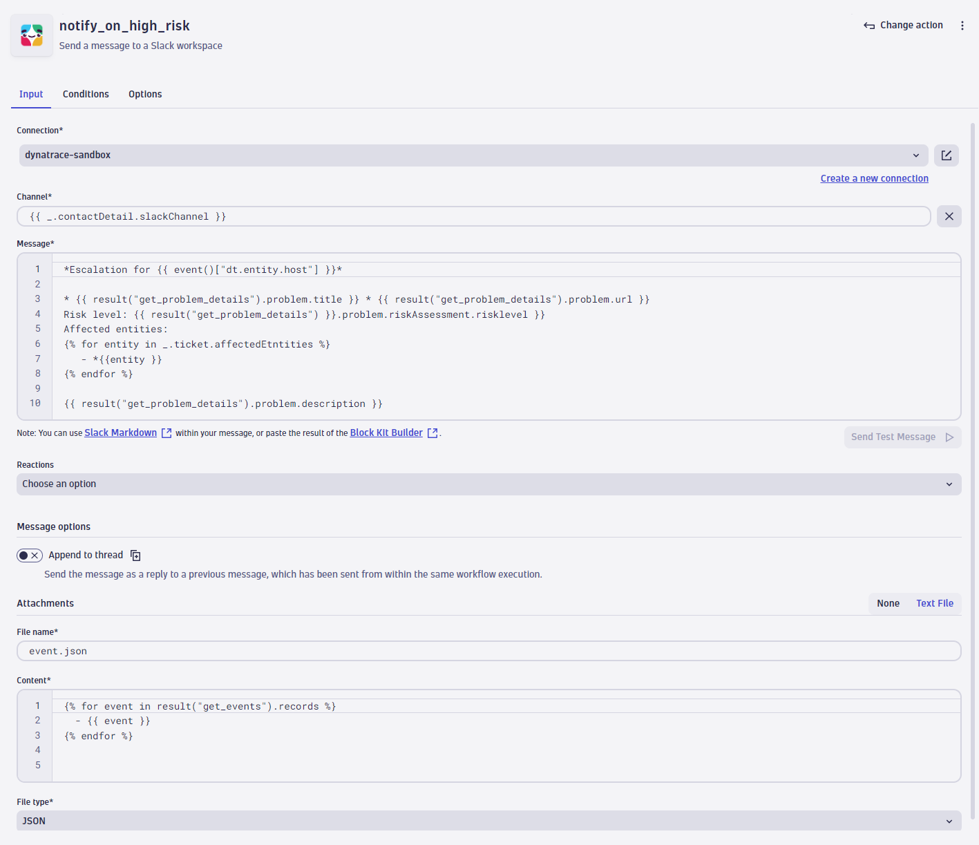 You can compose advanced messages, leverage scripts, combine information from previous steps, append messages to threads, and add attachments, such as log files or reactions to a thread. Leverage ownership information to dynamically send messages to the correct channel and send a test message to ensure the connection works properly.