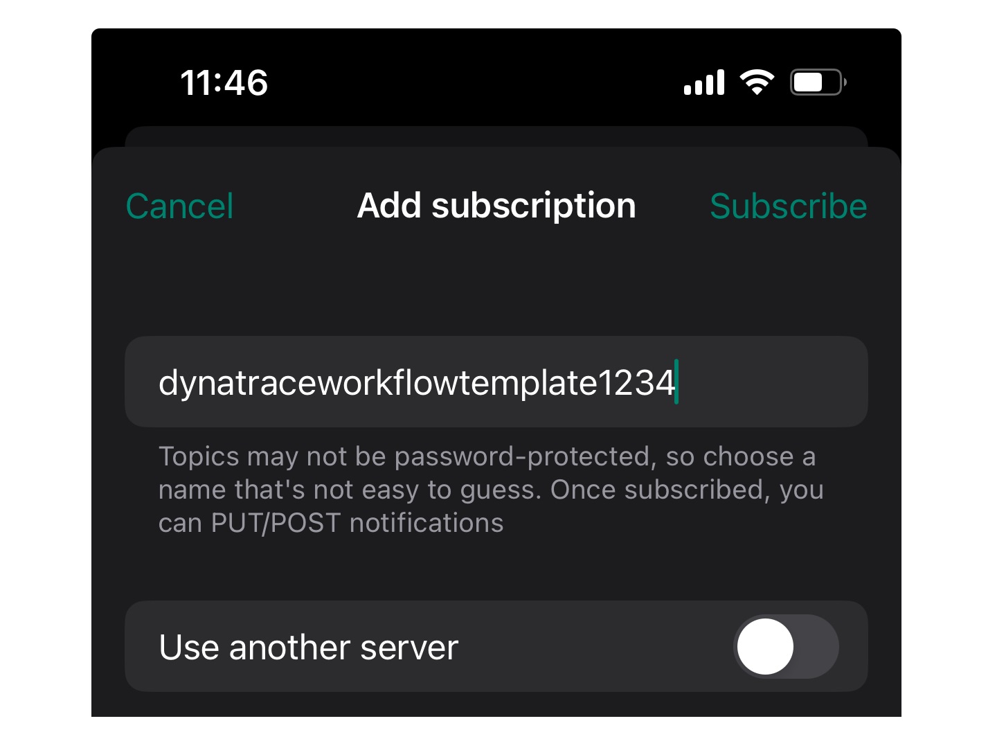 Notification subscription settings in the NTFY mobile app