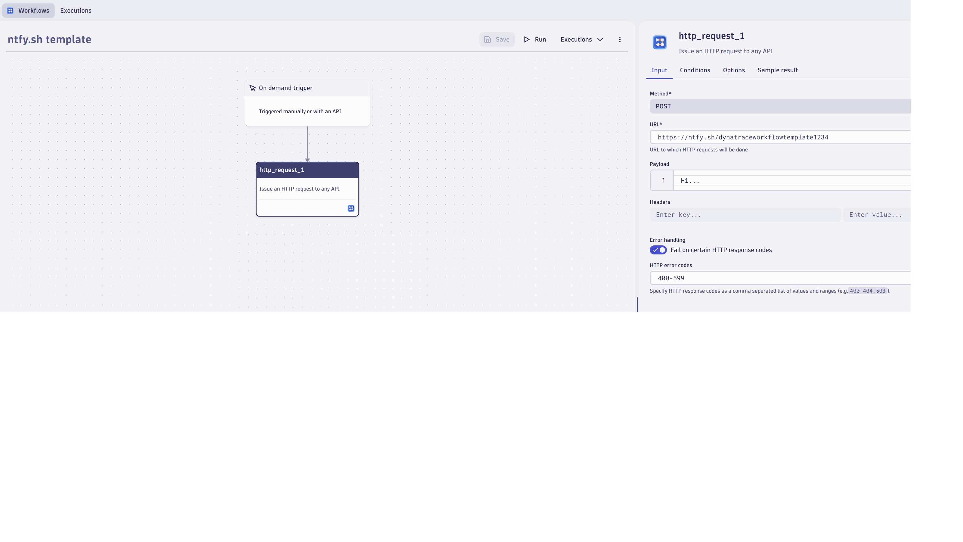 Example ntfy.sh notification included in a Dynatrace workflow