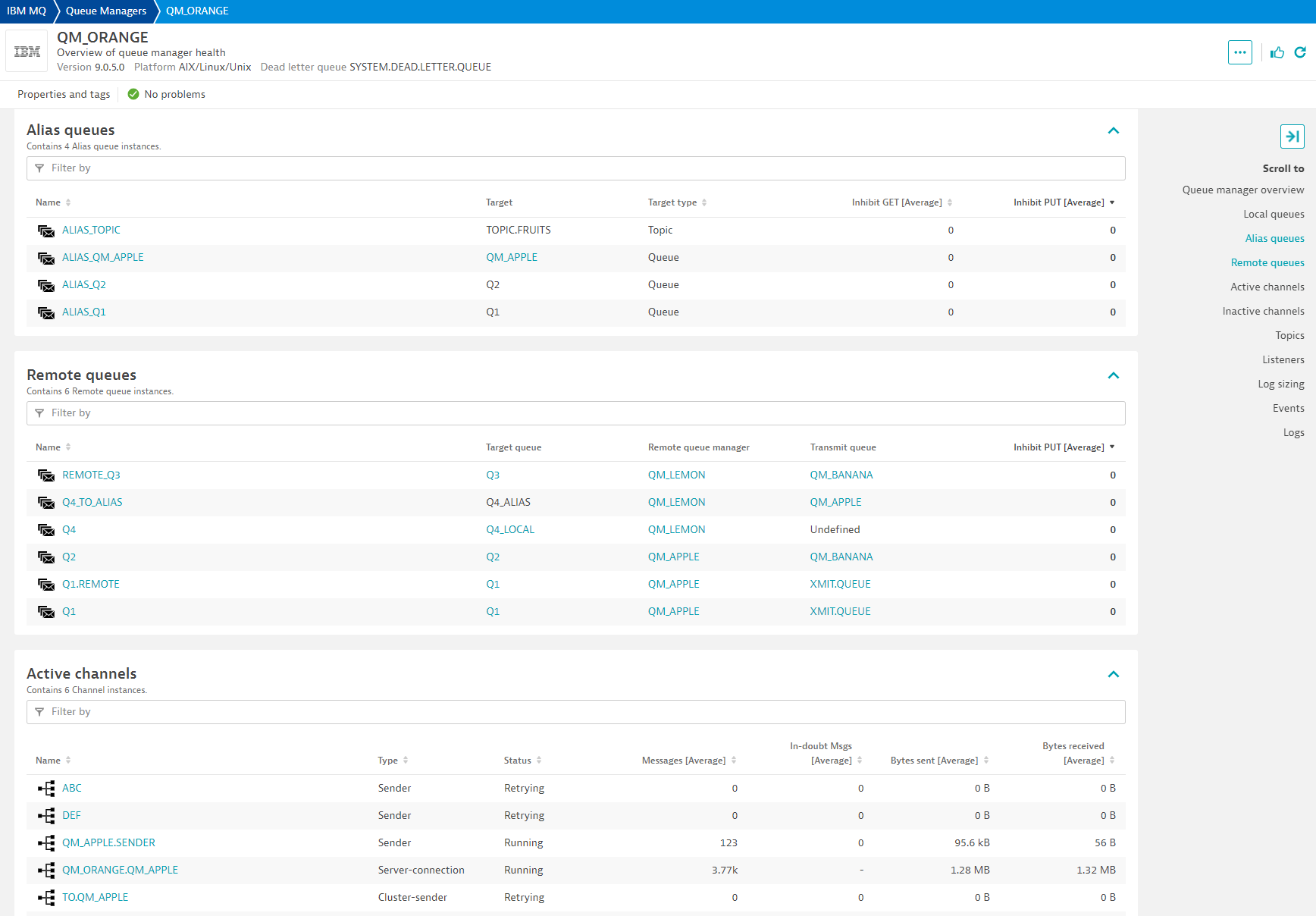 Within the Queue Manager UA screen, all queues and channels belonging to the Queue Manager are listed.