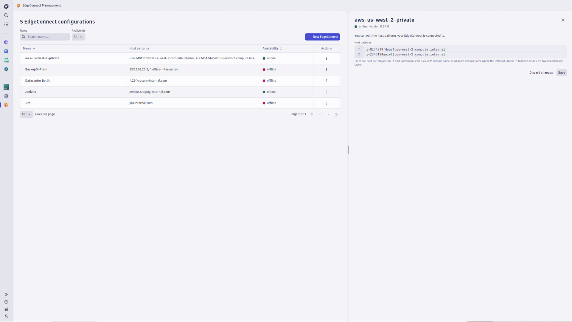 Edit host pattern of an existing EdgeConnect configuration.