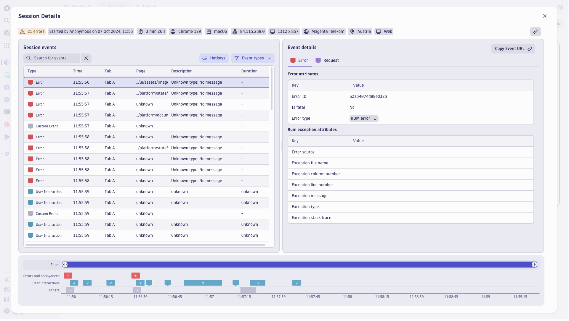 Session events and details for a specific timeframe and filtered attributes (browser, screen resolution, location, etc.). This view shows a chronological list of errors, user interactions, and custom events.