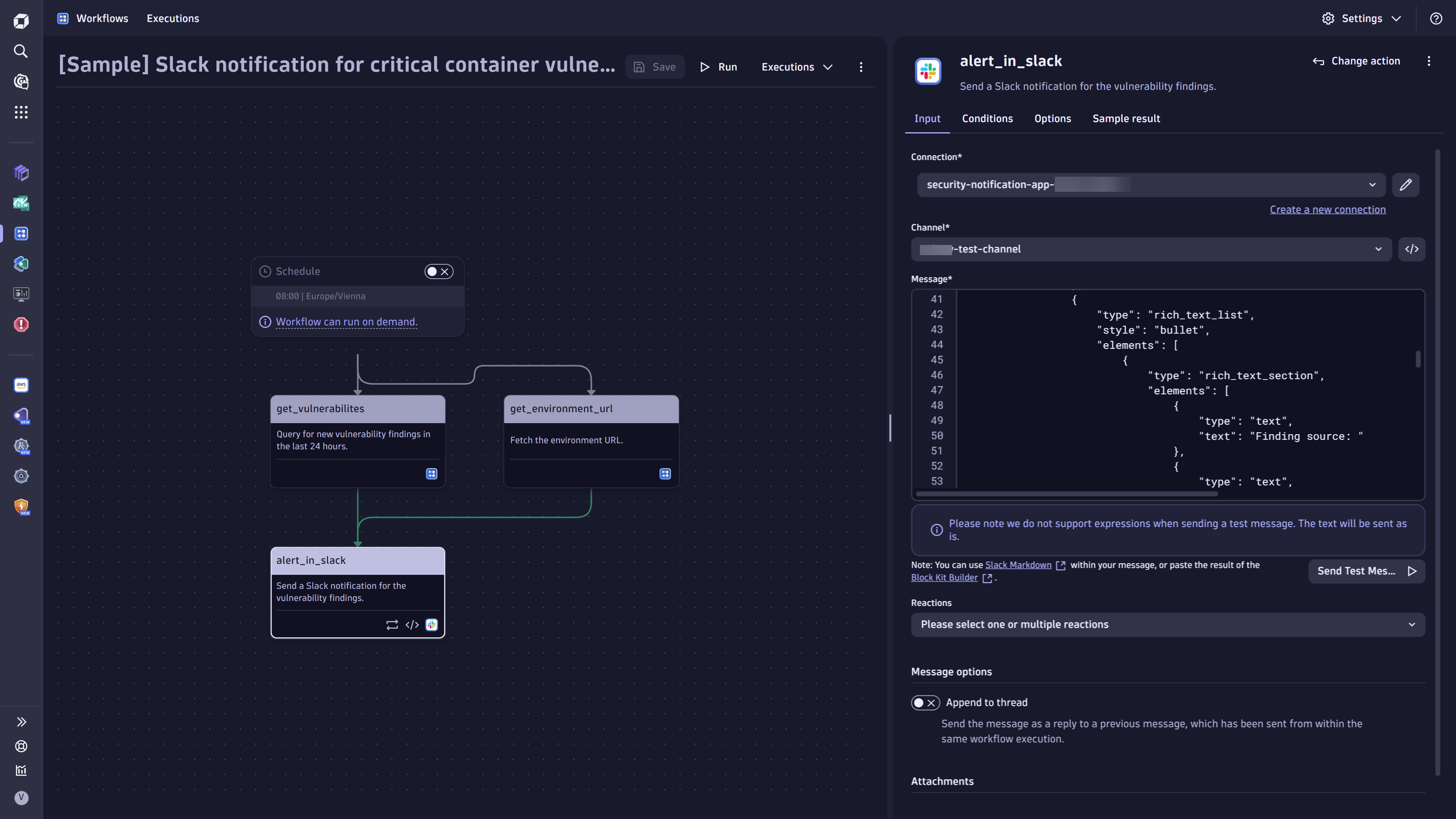 Sample workflow for automated Slack notifications for critical vulnerability findings.