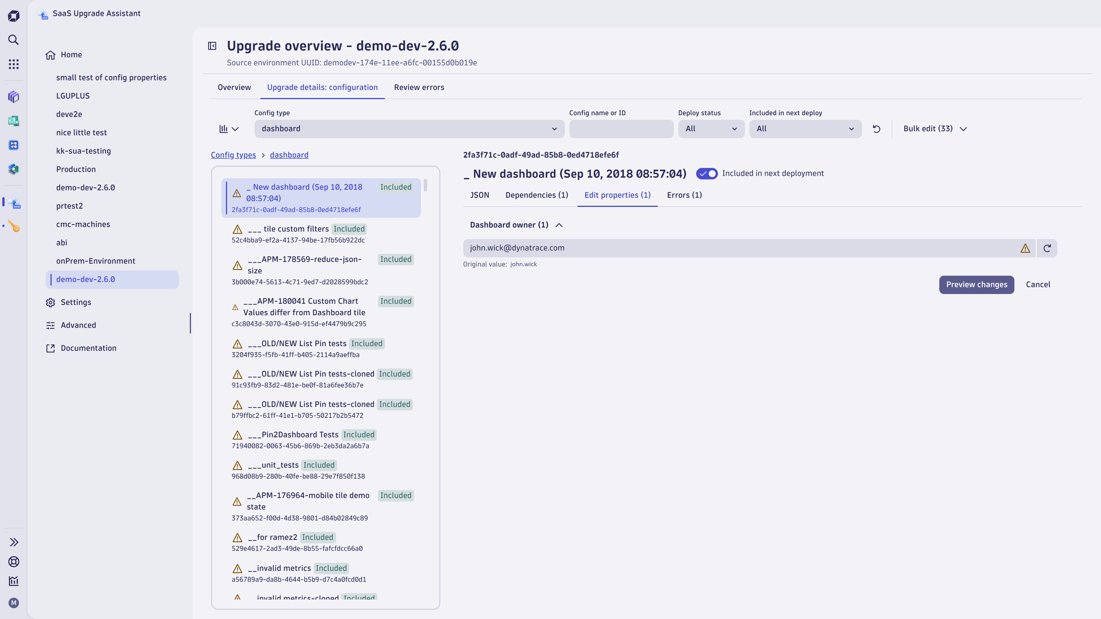 Update dashboard owners to match with the new user identifiers in the target environment. The preview mode allows you to verify the updated configuration.