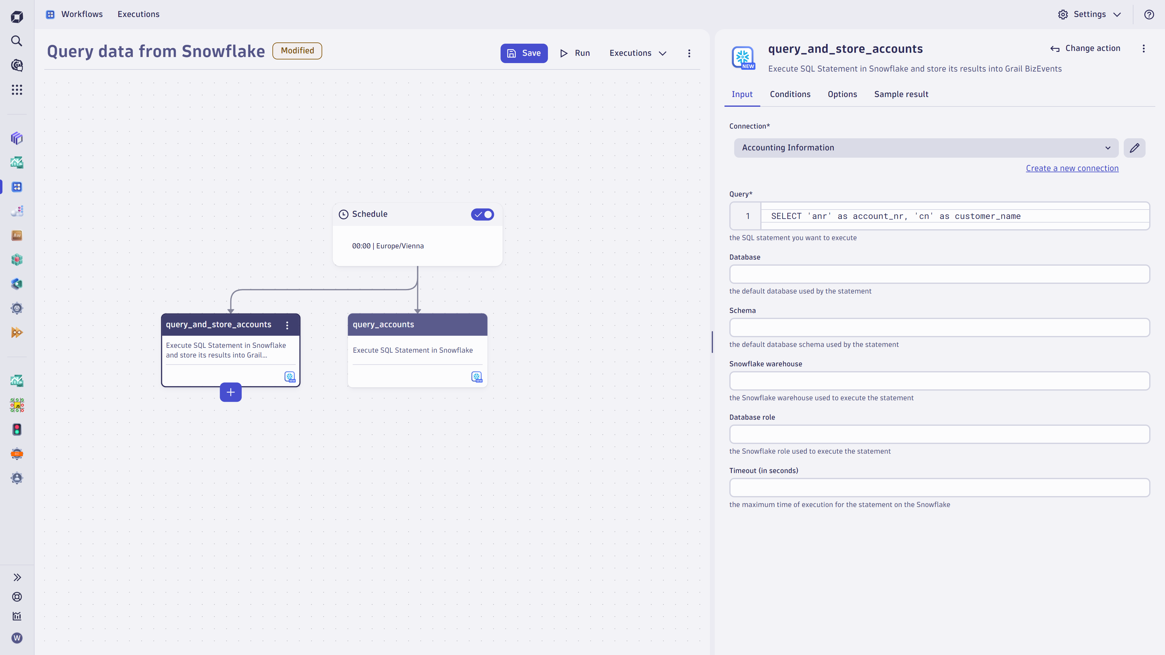 Add the SQL statement to execute queries on Snowflake. Use the form fields to set relevant parameters.