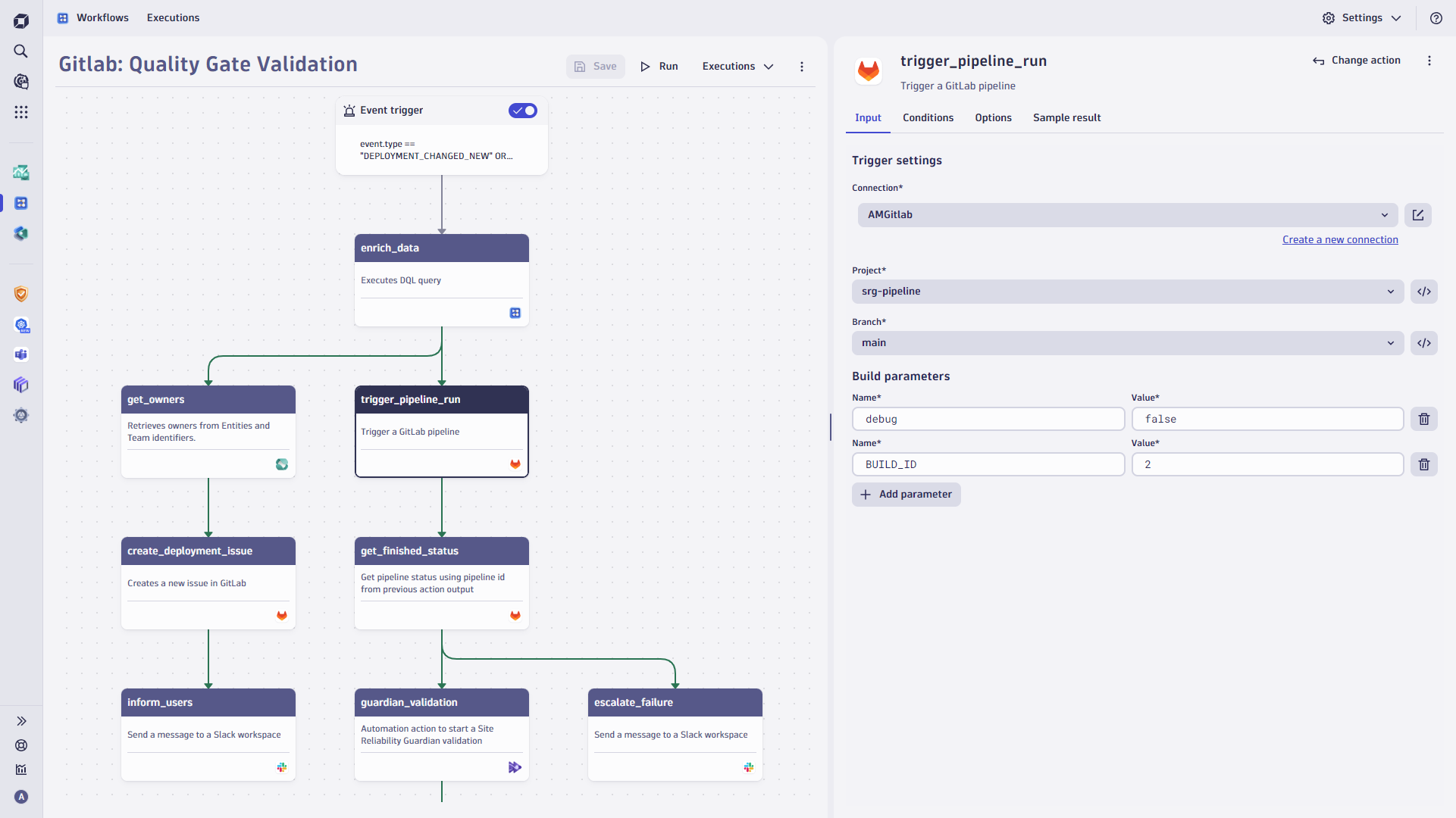 - Trigger pipeline runs in a GitLab by defining project, branch, and build parameters 
- Create or update issues in GitLab
- Query status of pipeline runs
- Combine GitLab workflow actions with notifications or quality gate validations