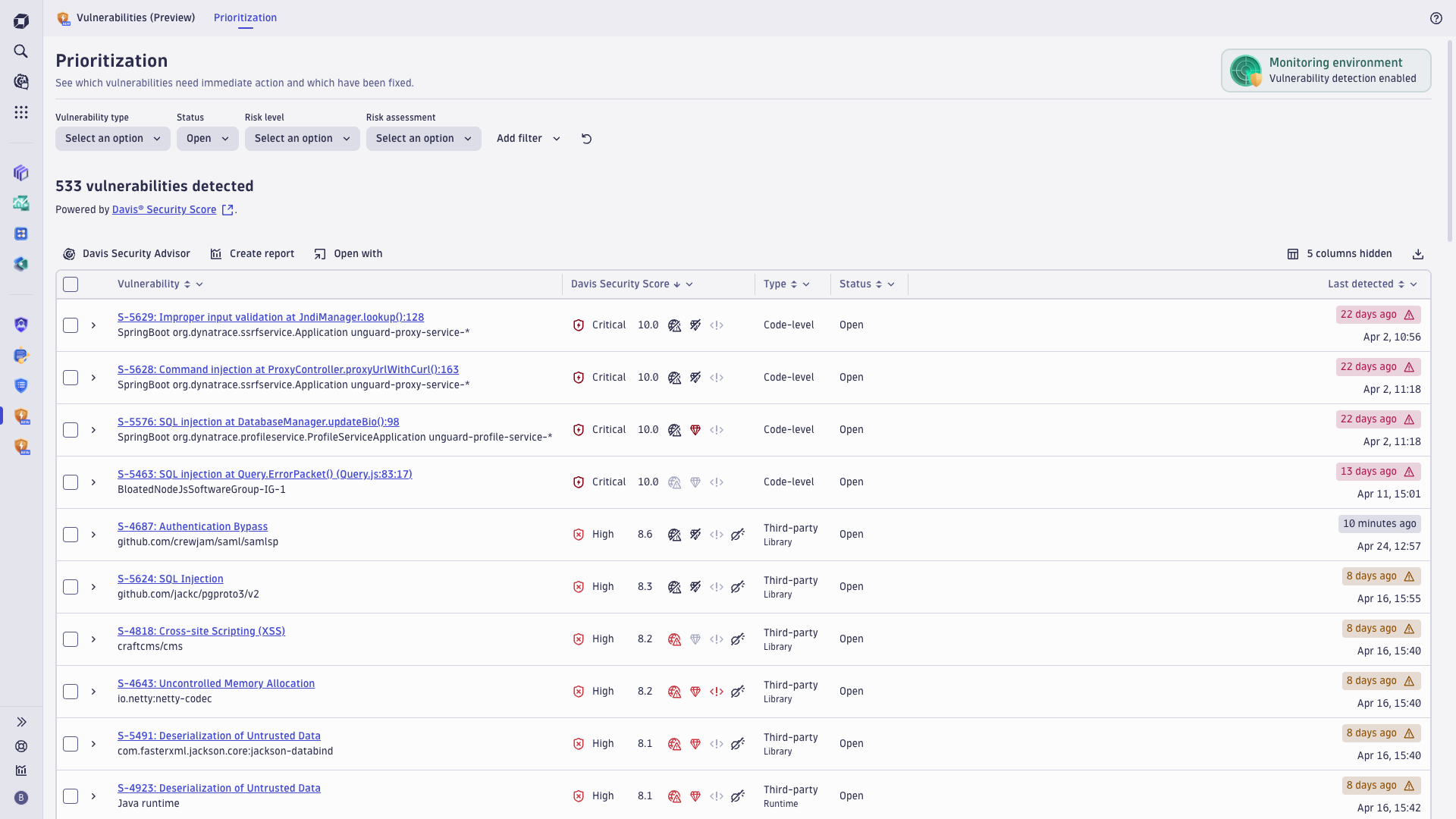 The prioritization page shows the overview of vulnerabilities in your environment in real time while adding context and automated risk assessments.