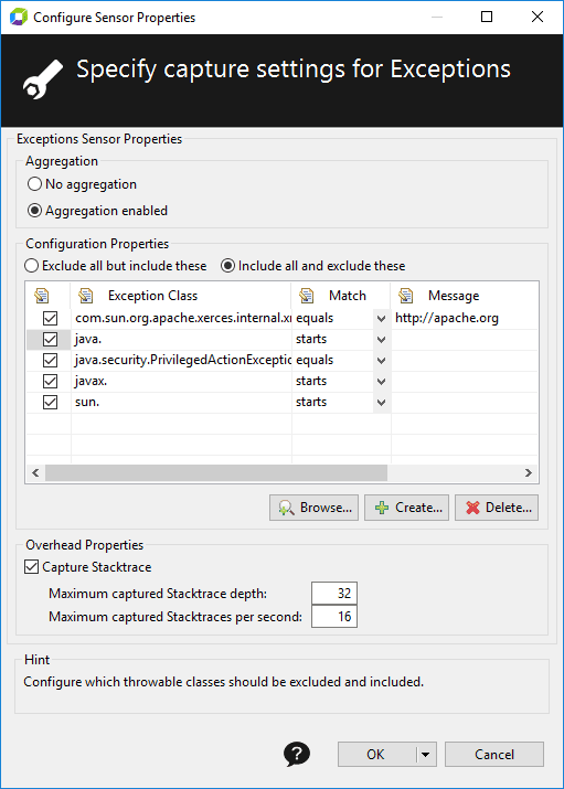 Exceptions capture settings