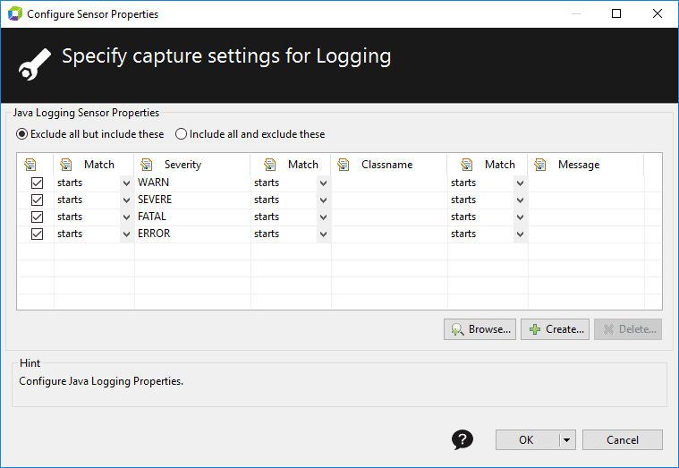 Log capture settings