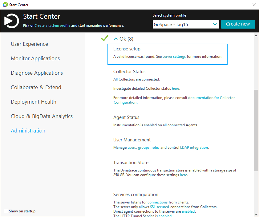 Start Center > Administration pane of a licensed product