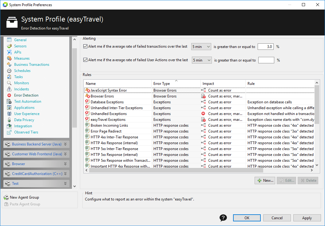 Error detection settings