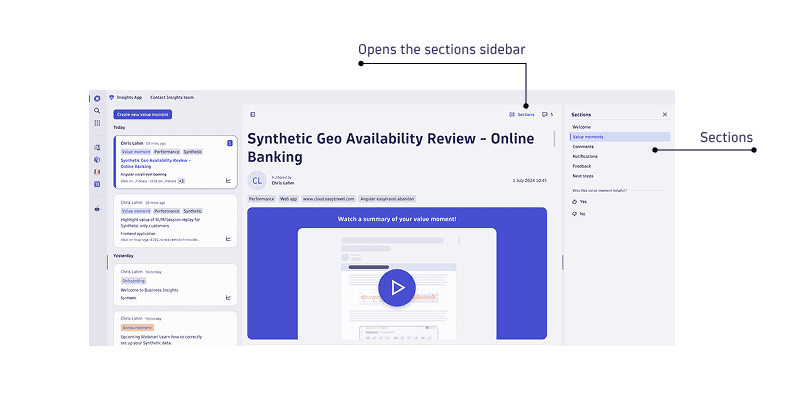 Business Insights value moment sections