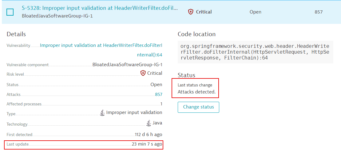 Timeframe showing the last update of a code-level vulnerability