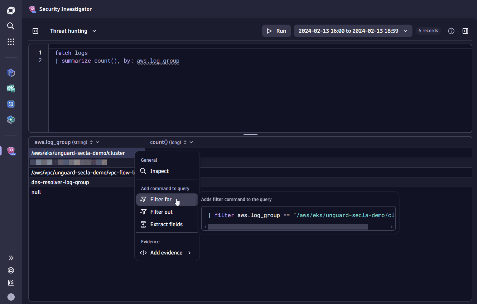 Add a filter for the log group name